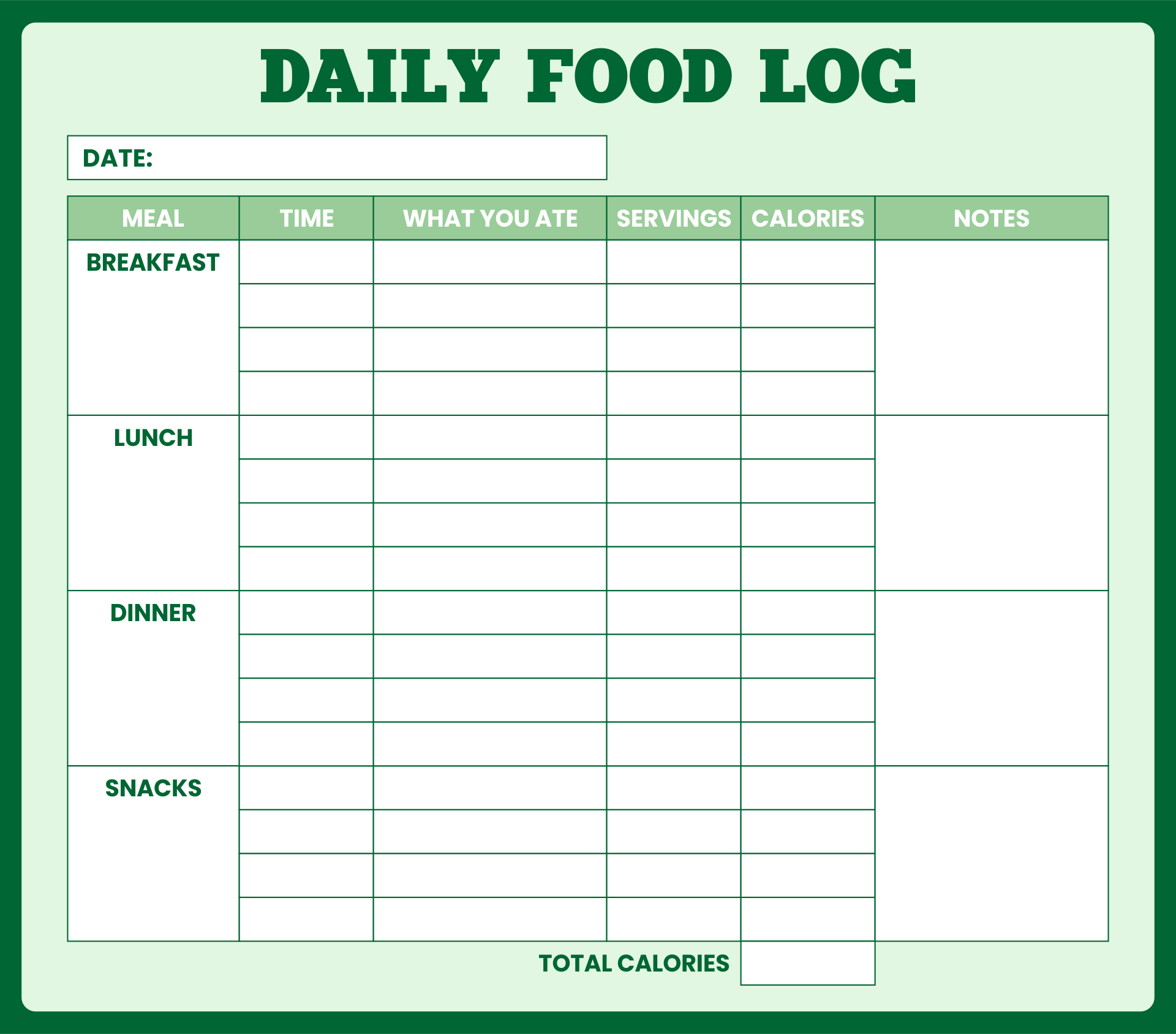 Free Printable Food Log Sheets