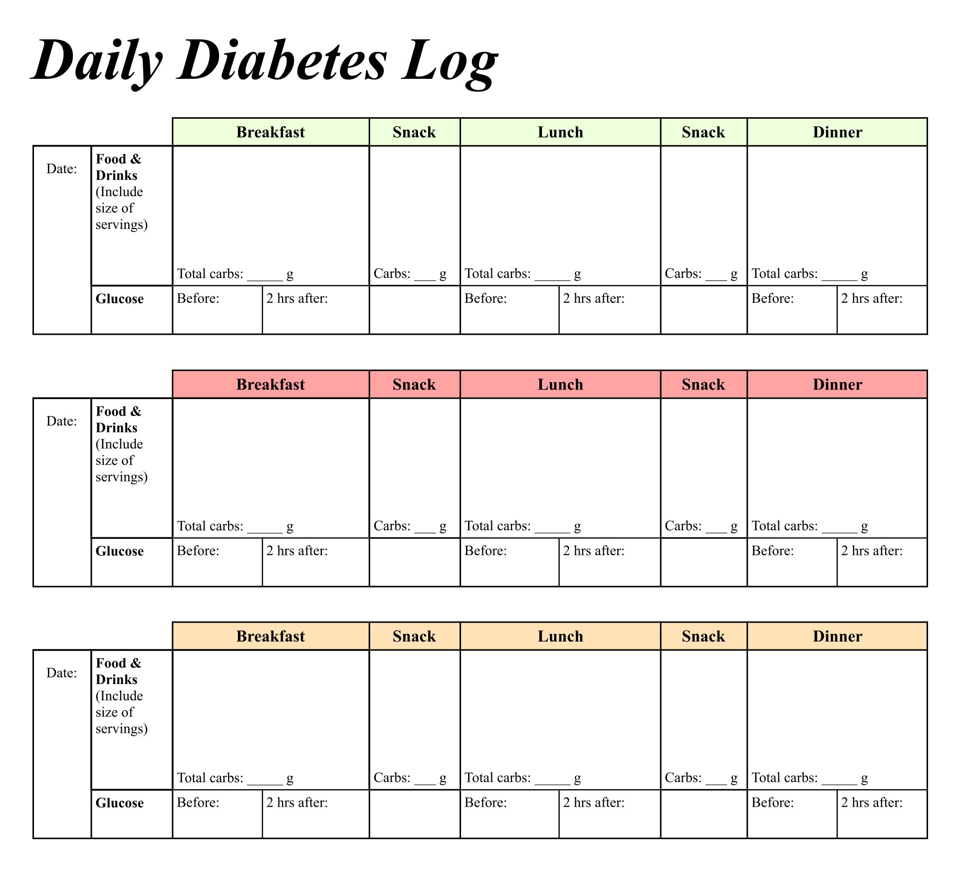 Printable Diabetes Daily Log Sheet