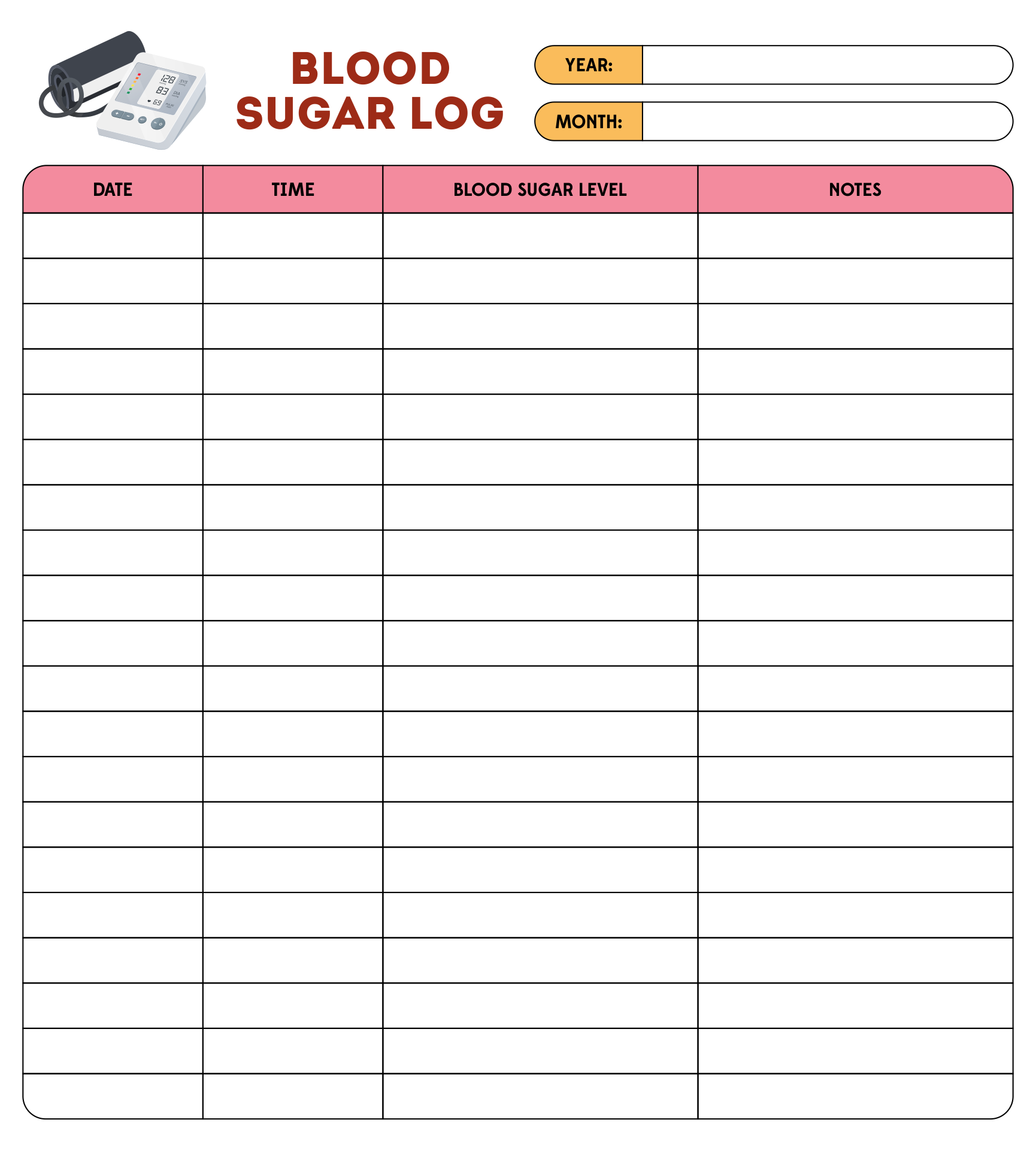 Sugar Blood Glucose Log Sheet