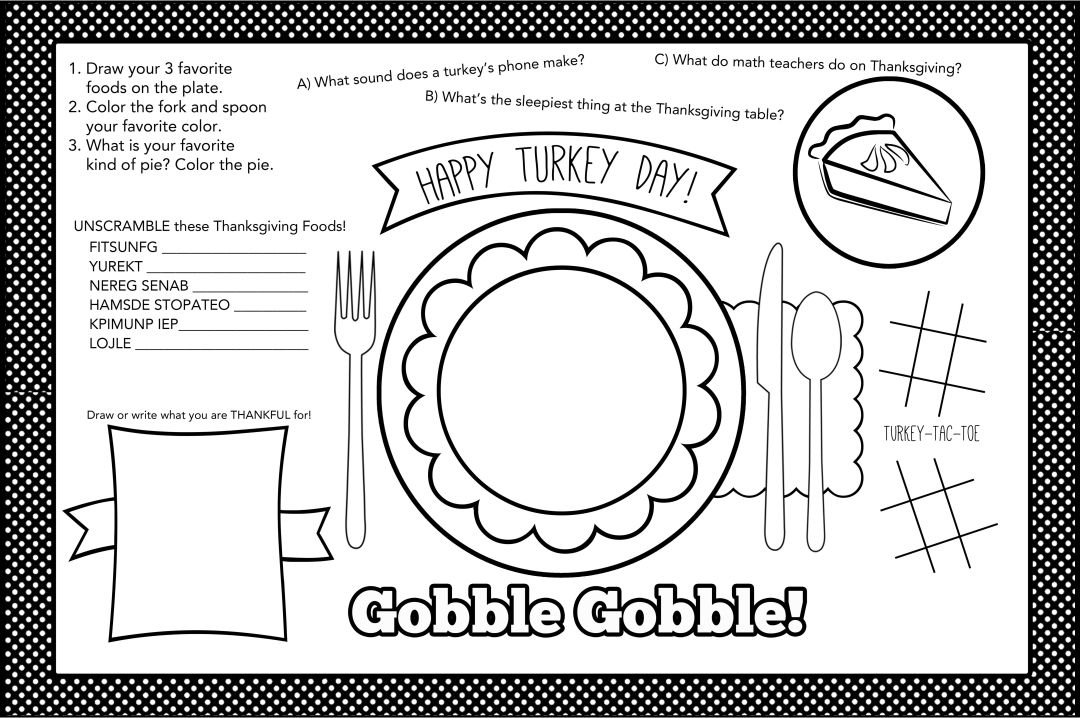 Turkey Thanksgiving Placemats Printable