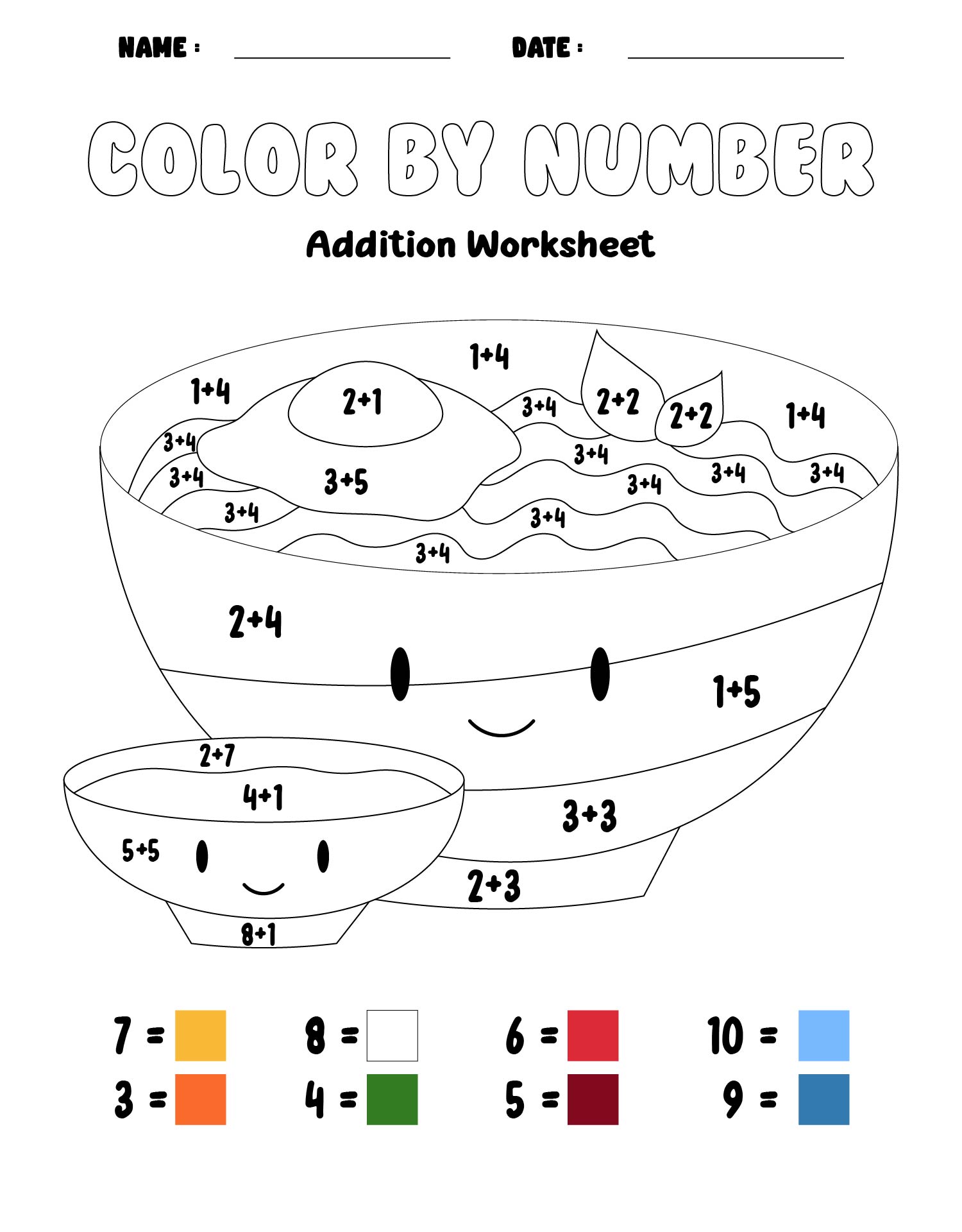 Printable Math Color by Number Addition Worksheets