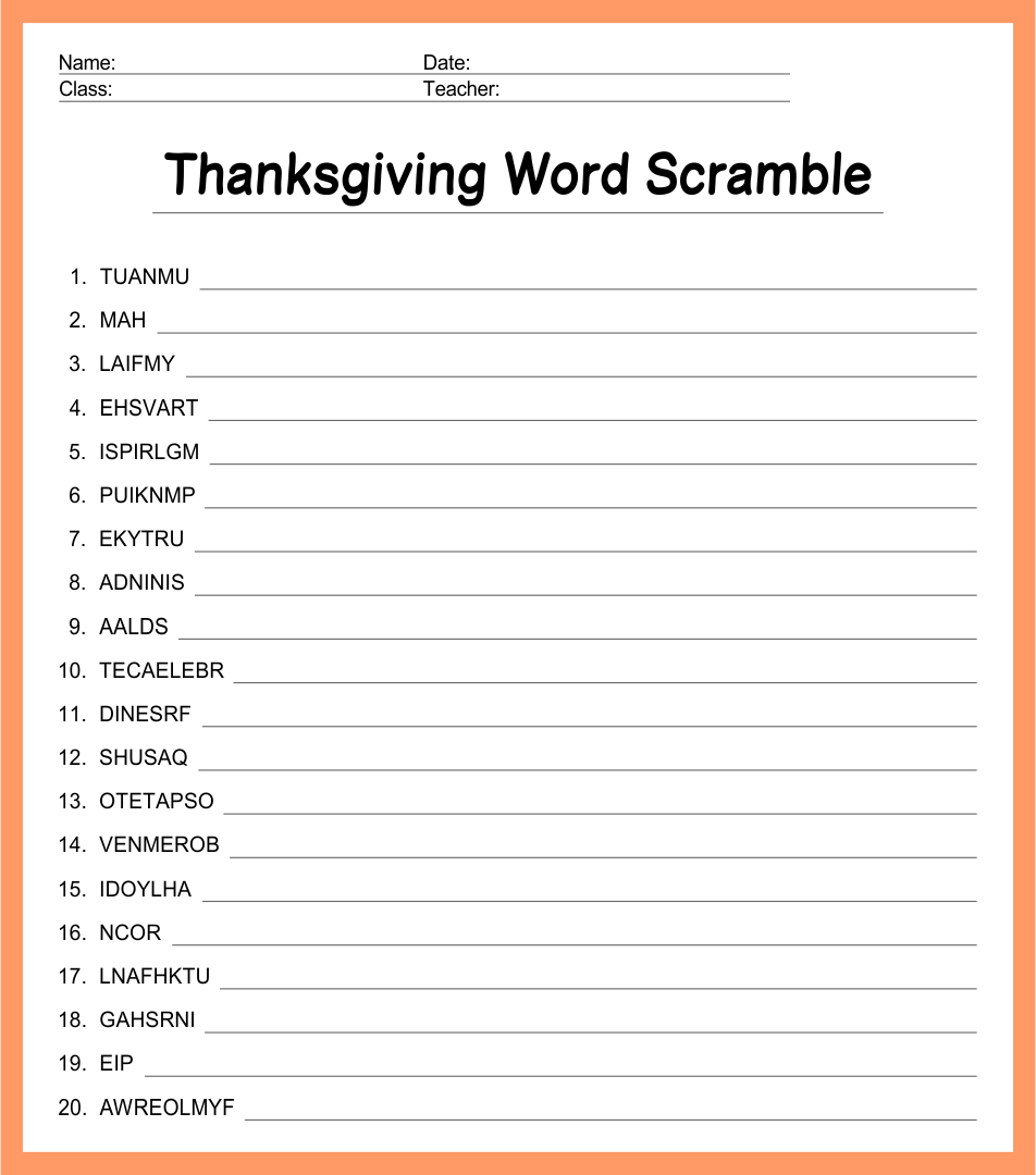 Printable Thanksgiving Word Scramble Puzzles