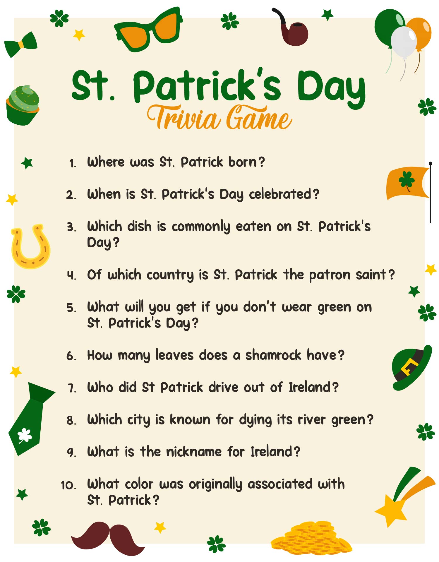 St. Patricks Day Printable Quiz