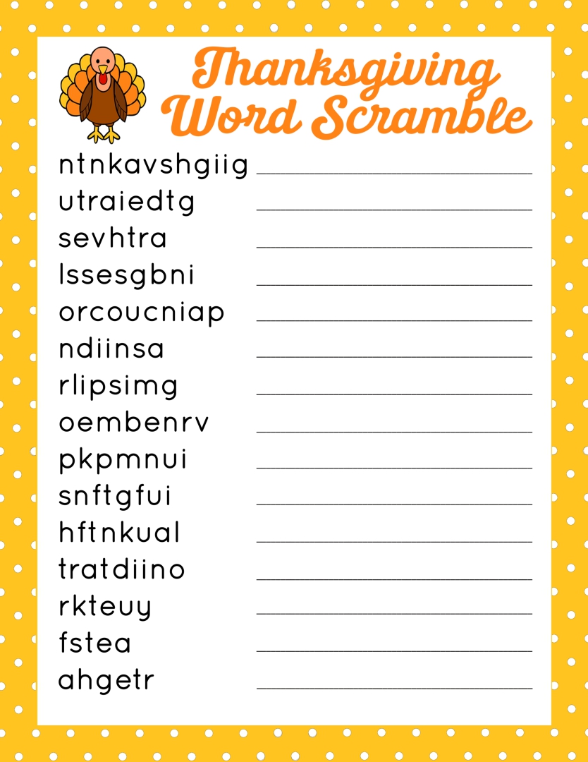 10 Best Thanksgiving Printable Word Jumble Printablee