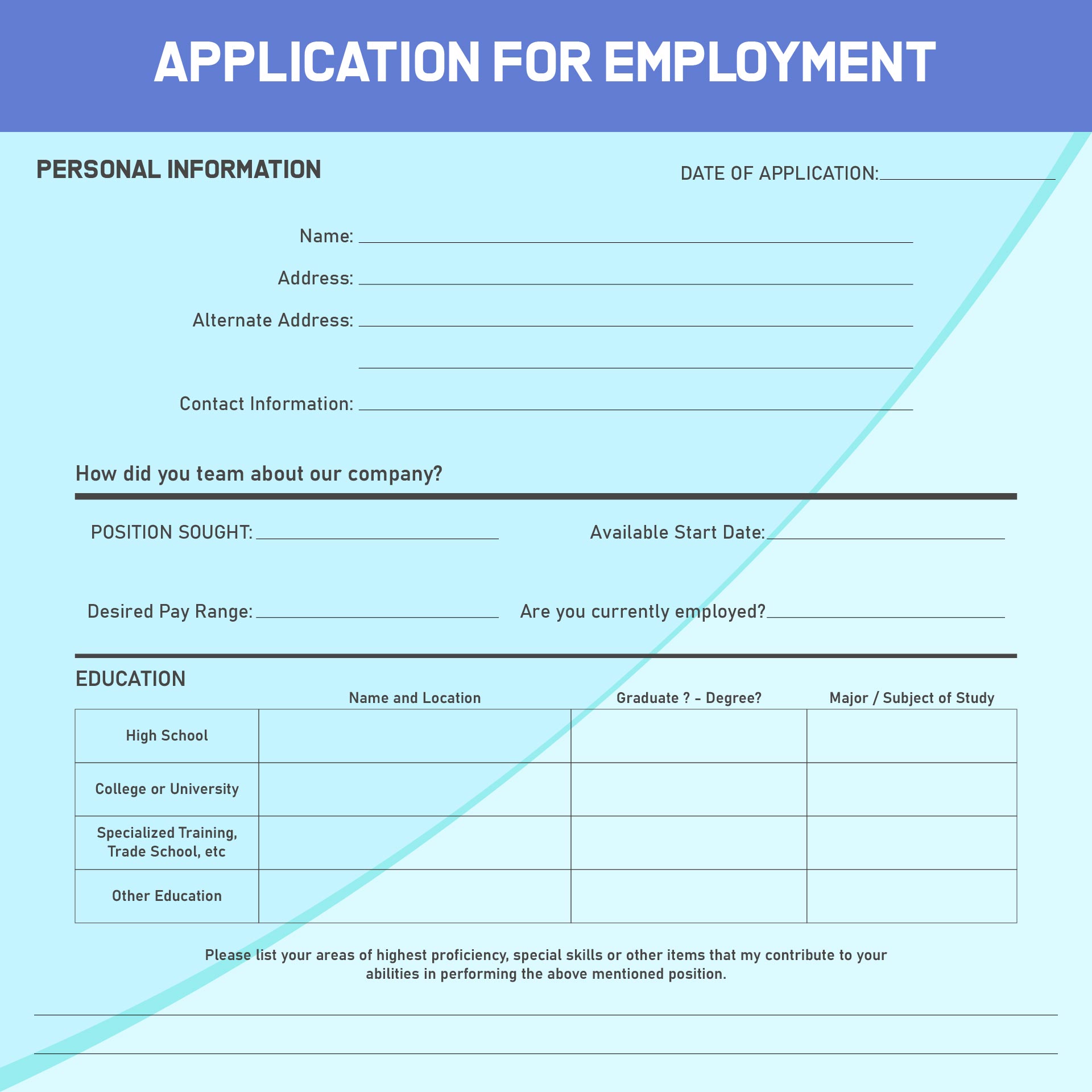 Job Printable Employment Application Form