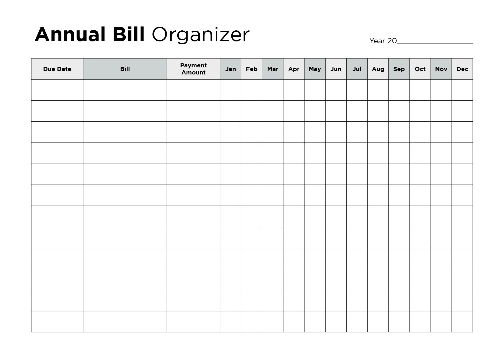 Printable Annual Bill Organizer