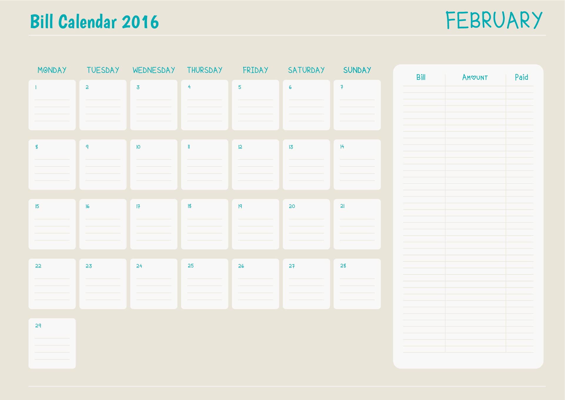 Printable Bill Calendar 2016