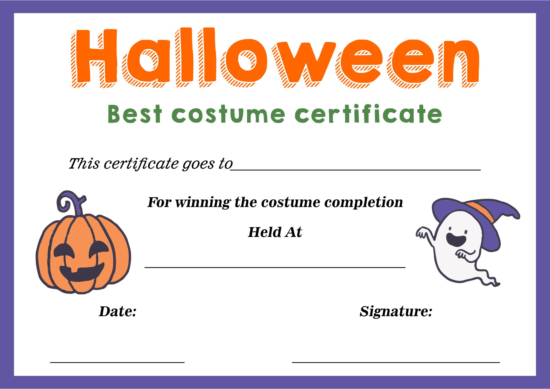 Best Costume Certificate Printable Free