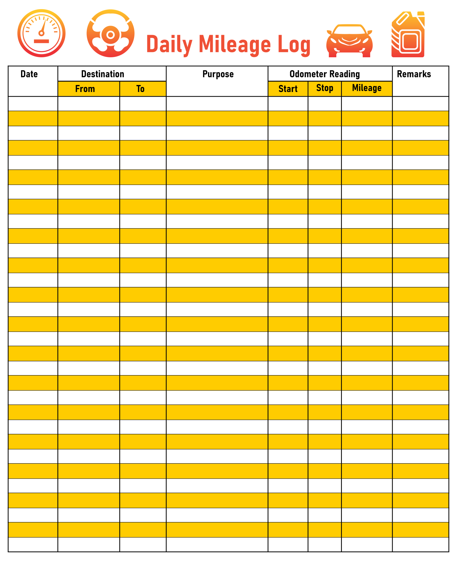 Printable Mileage Log Sheet Template