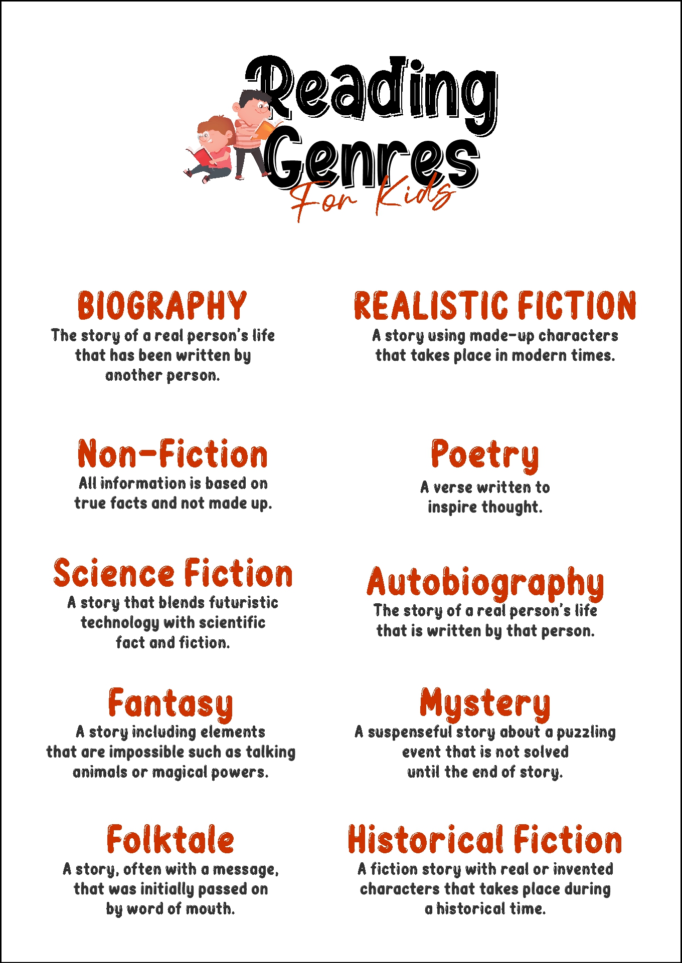 Book Genres for Kids Printables