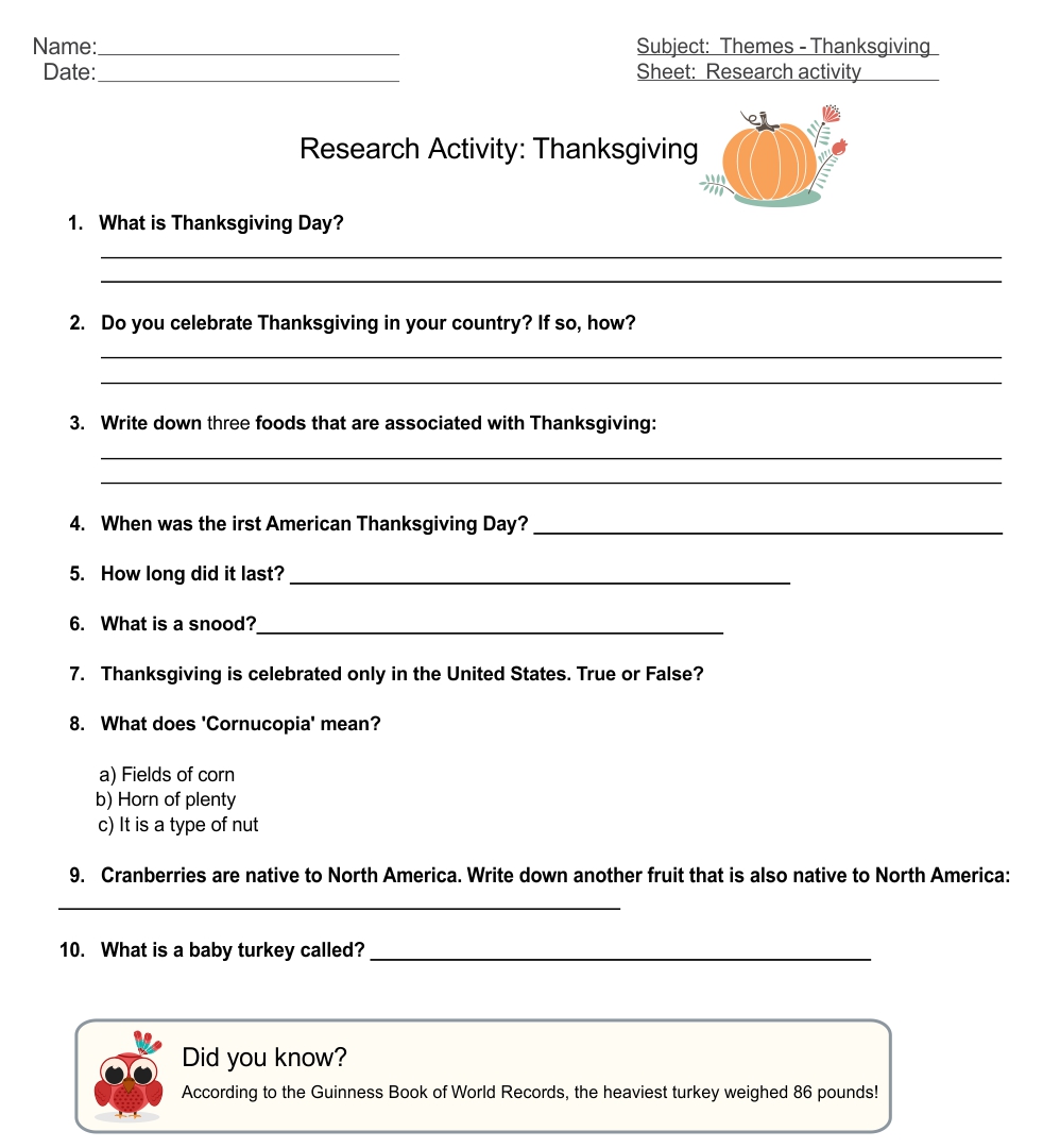 Printable Thanksgiving Activity Placemat