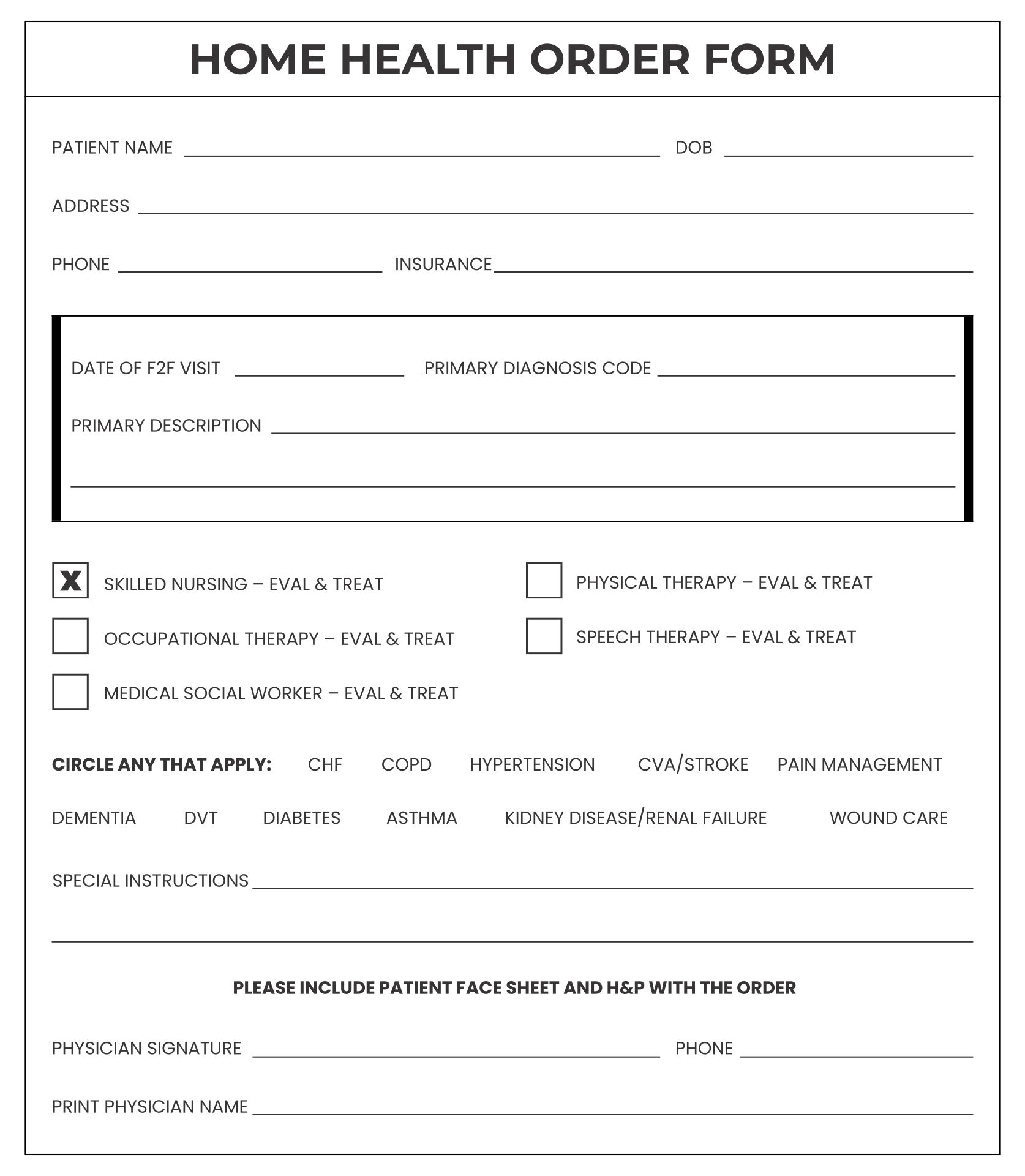 Printable Blank Physician Order Form