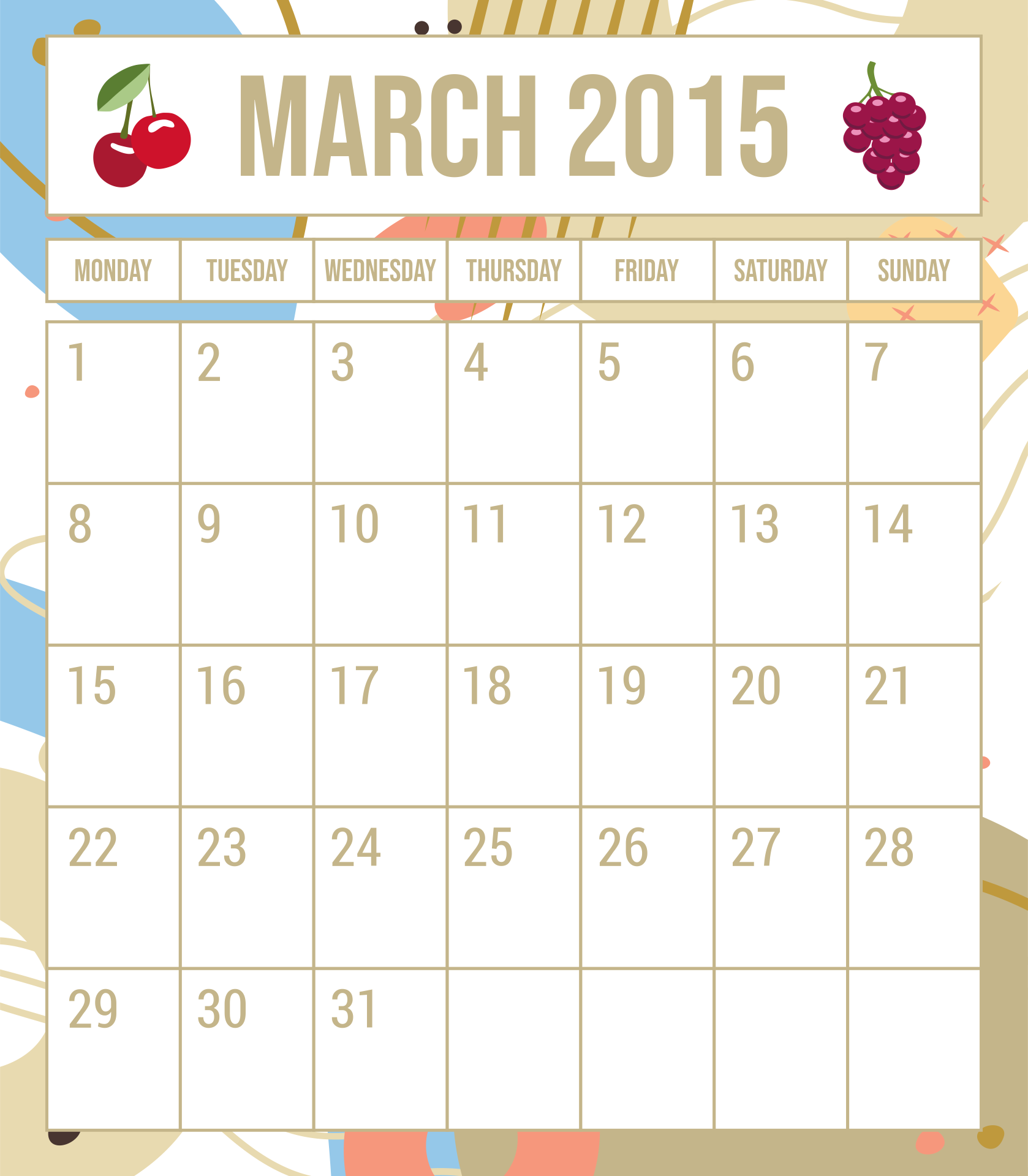 March 2015 Calendar Printable Free