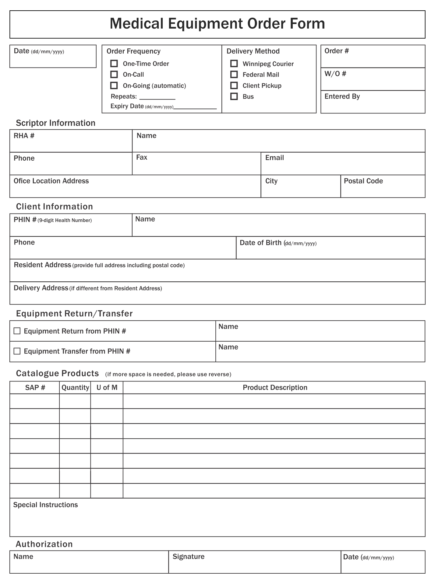 Physician Order Form Template