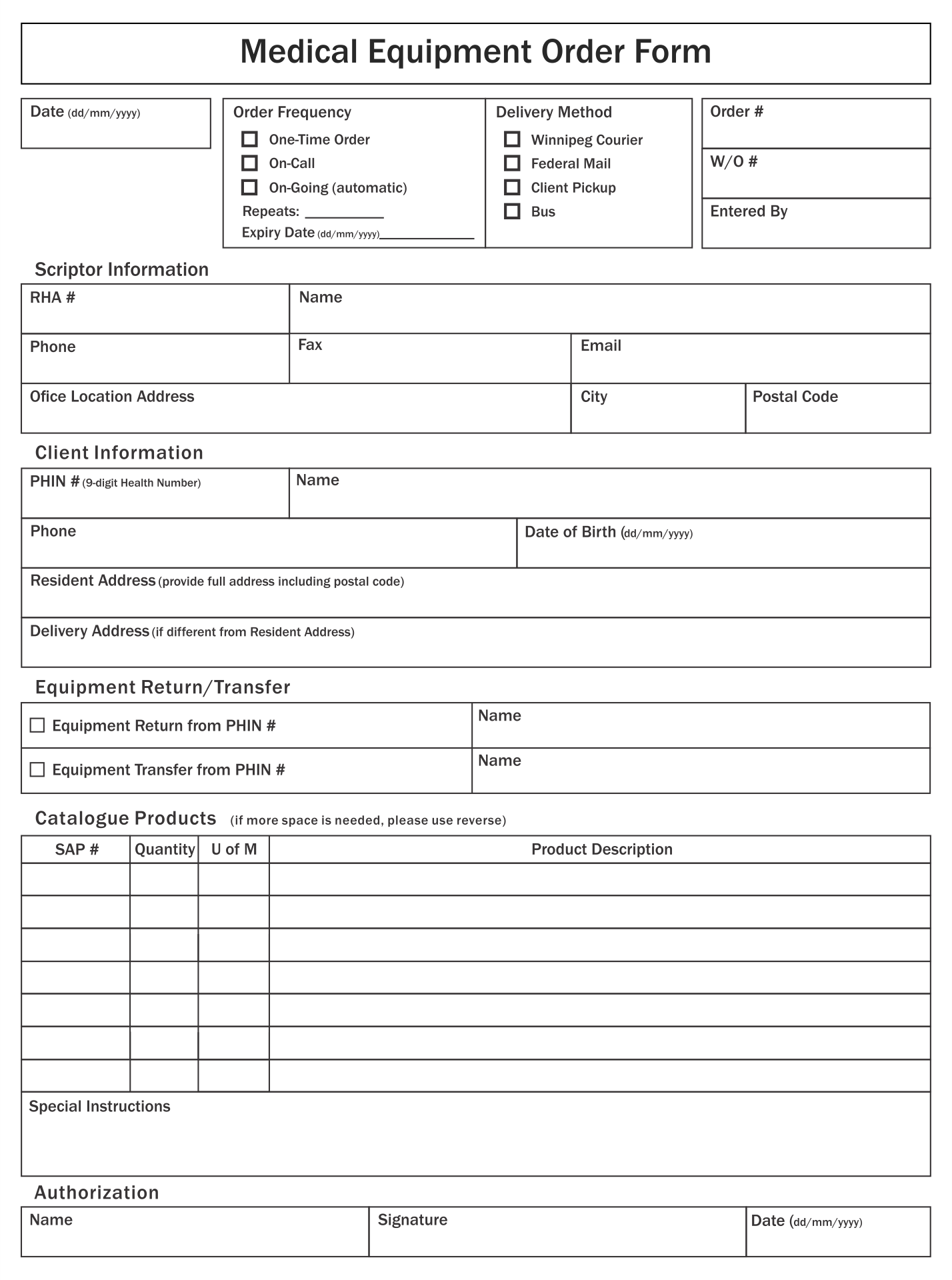 Printable Physician Order Form Template