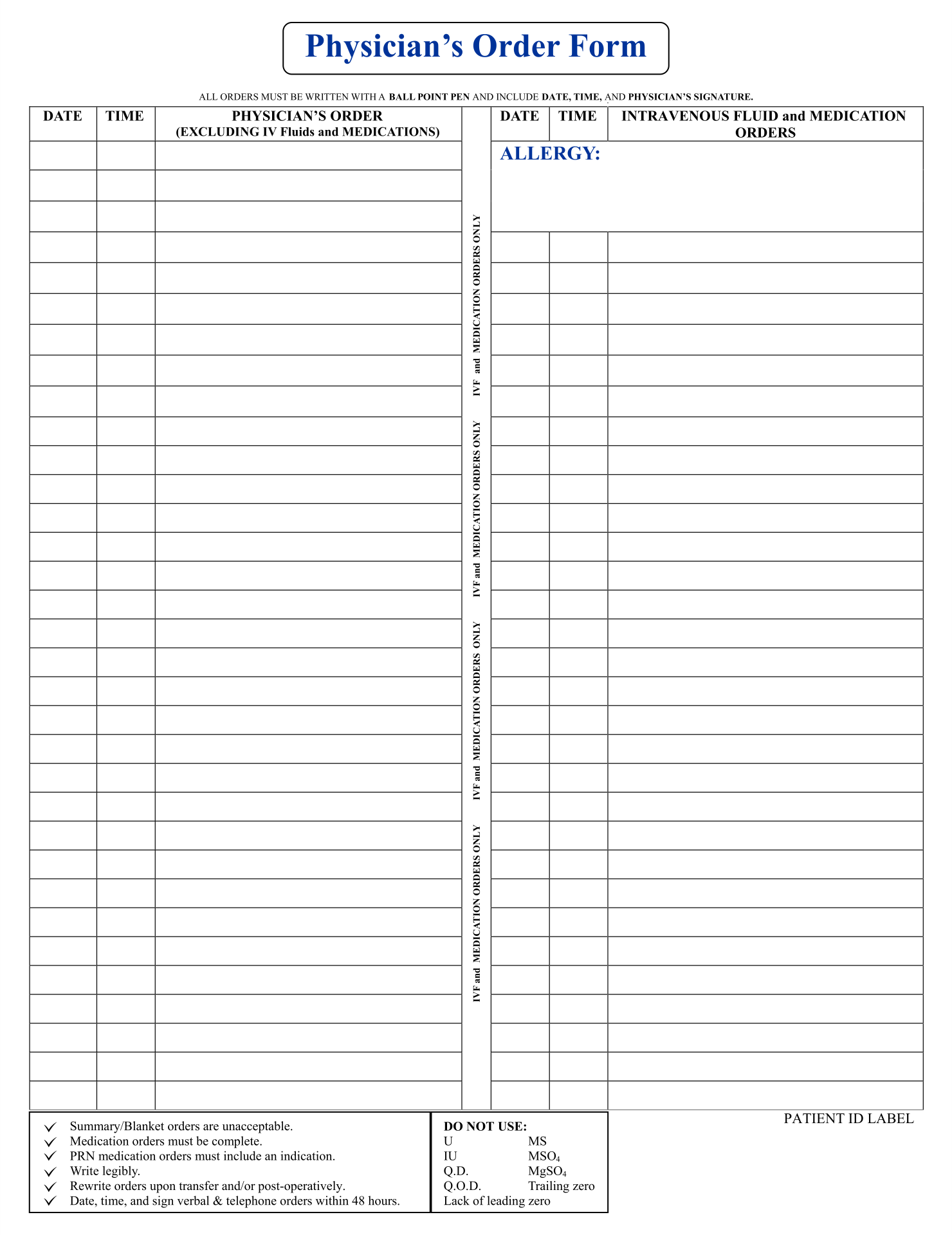 Printable Blank Physician Order Form