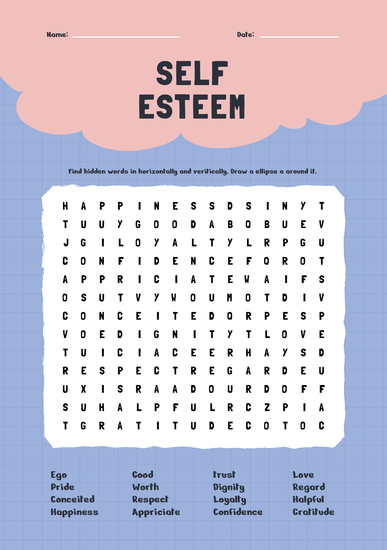 Self-Esteem Word Search Printable