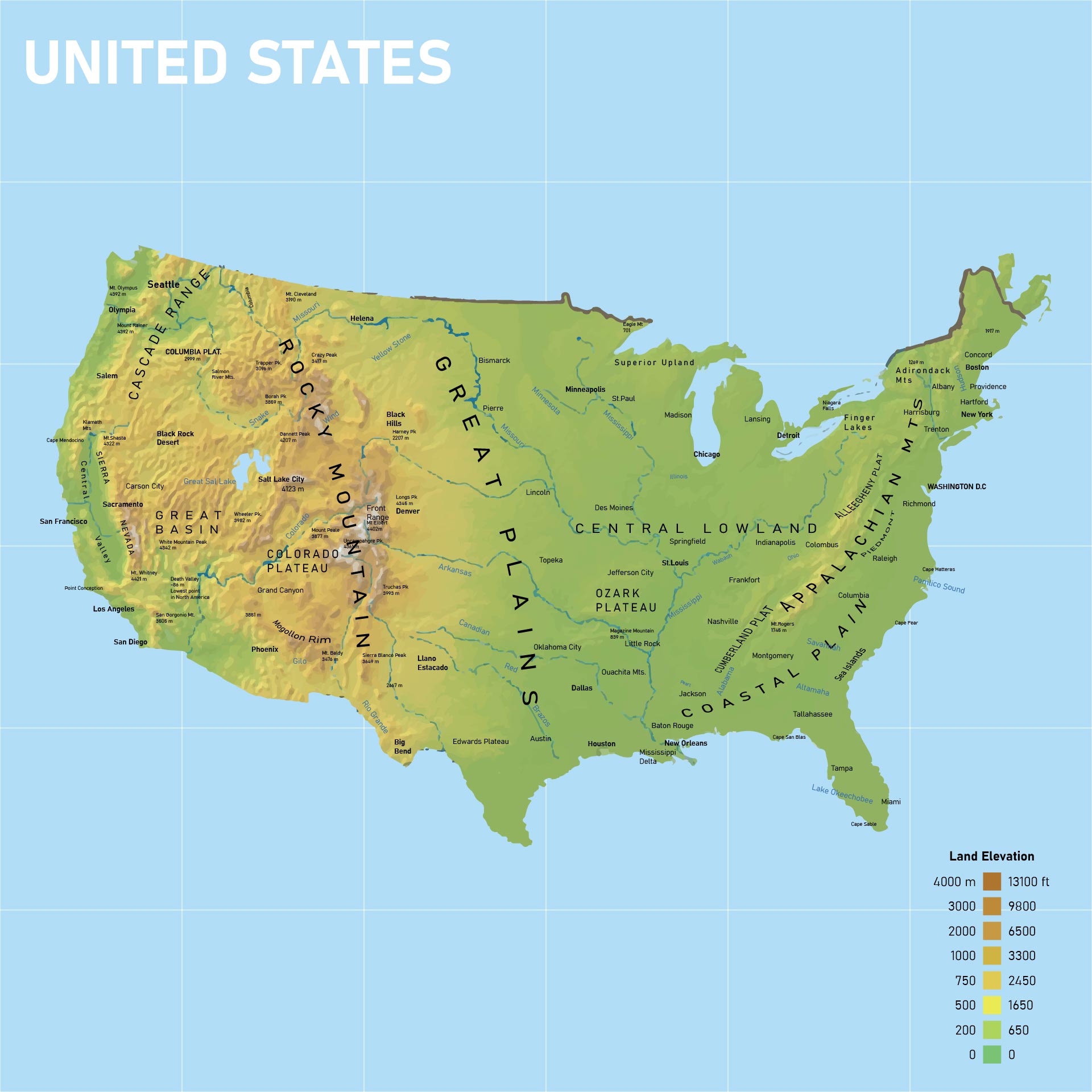 Printable Physical Map of Us