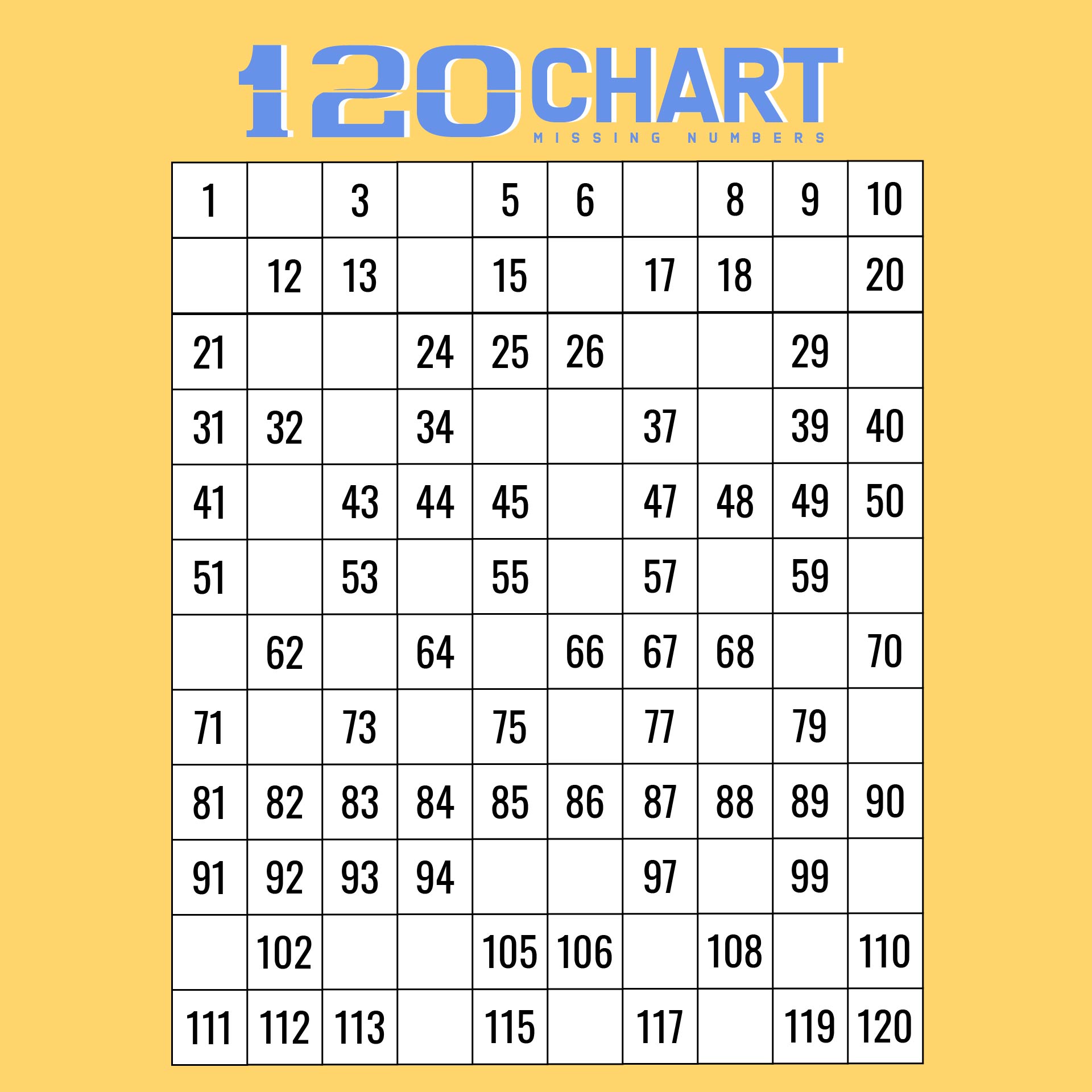 120 Chart Missing Numbers Printable