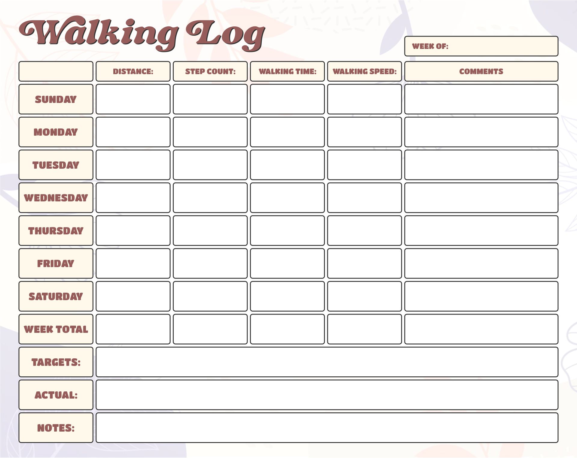 Printable Walking Log Chart