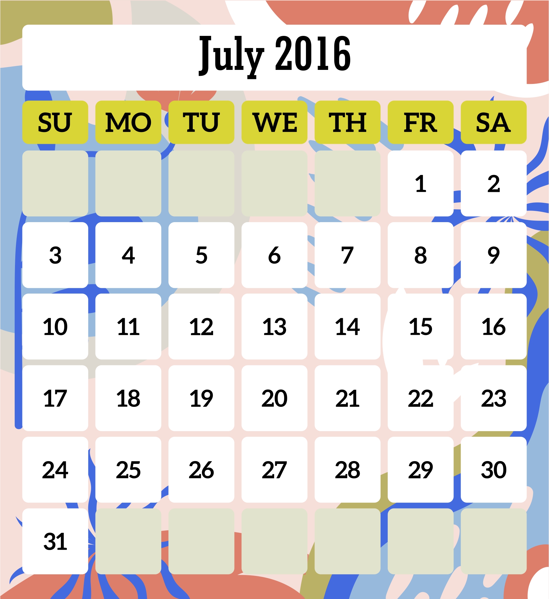July 2016 Calendar Printable
