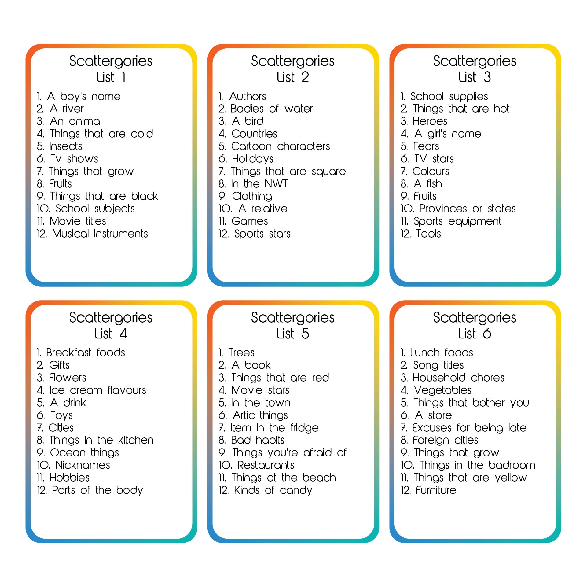 Scattergories List 1-16 Printable