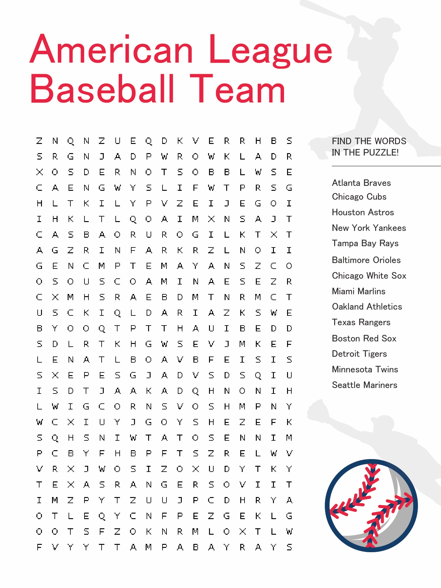 Baseball Teams Word Search Printable