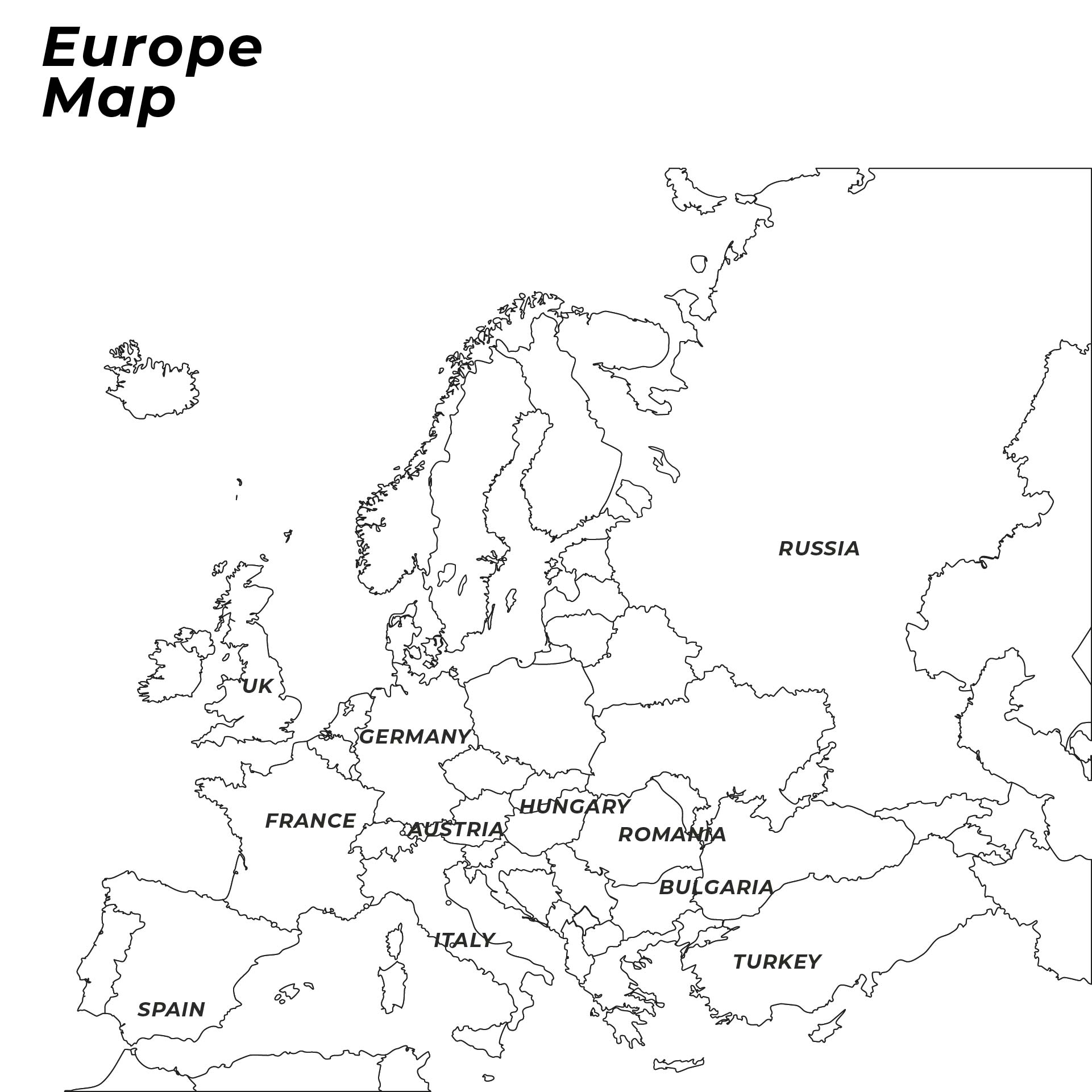 Black and White Europe Map with Countries