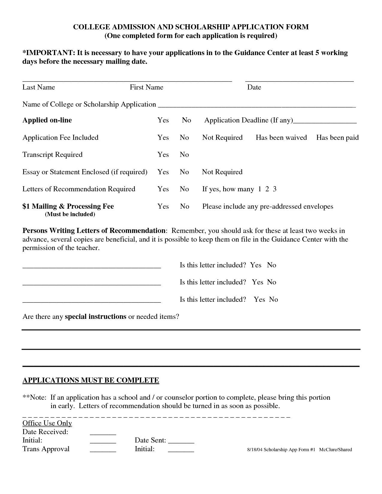 College Scholarship Application Form