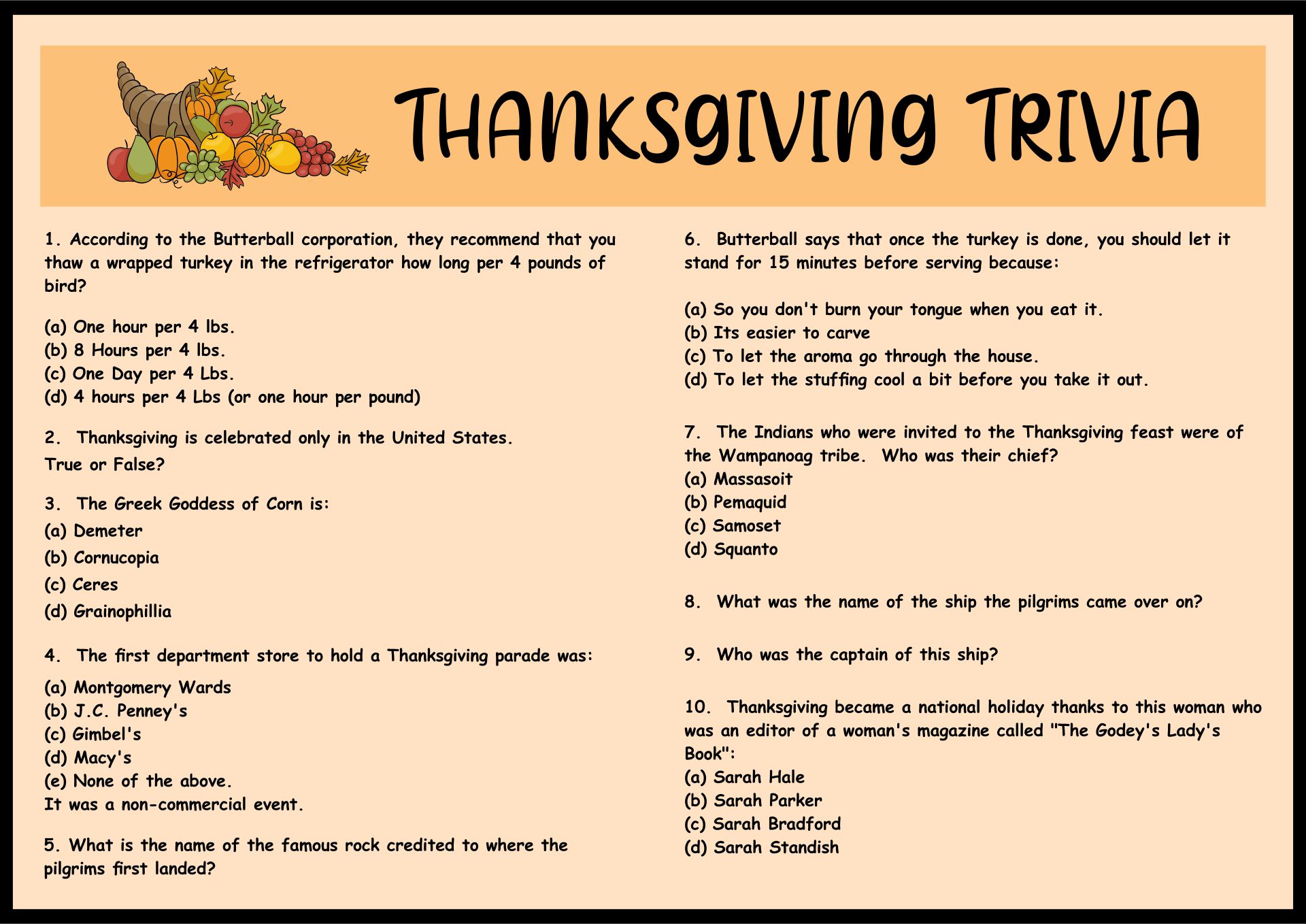  Trivia Questions Printable Thanksgiving