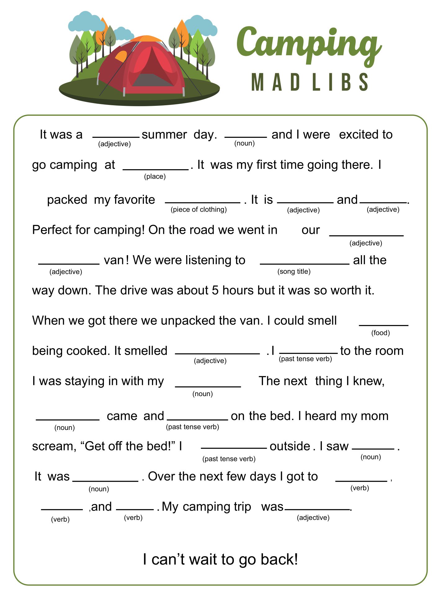 Free Printable Summer Camp Mad Libs Printable Form, Templates and Letter