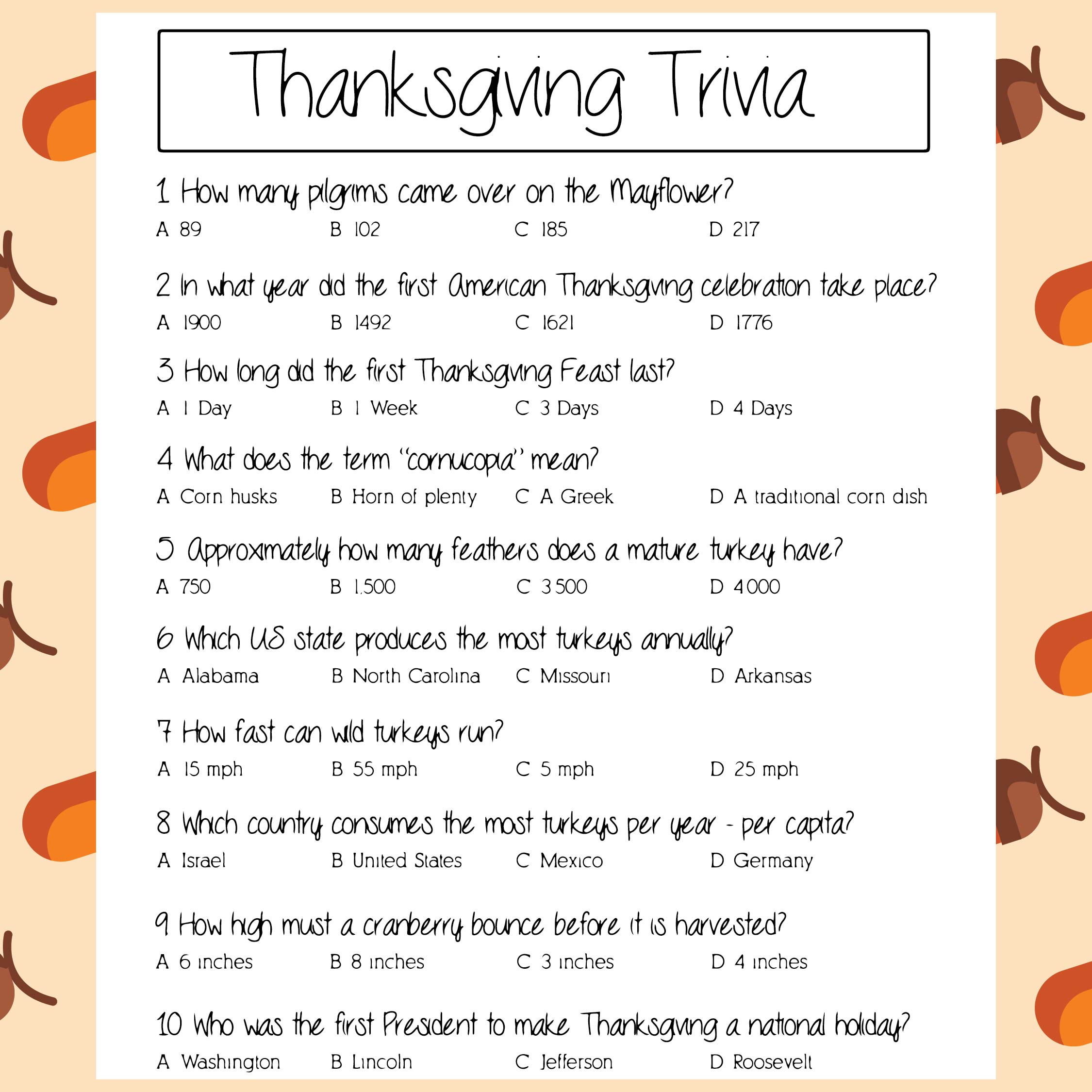 Thanksgiving Printable Trivia