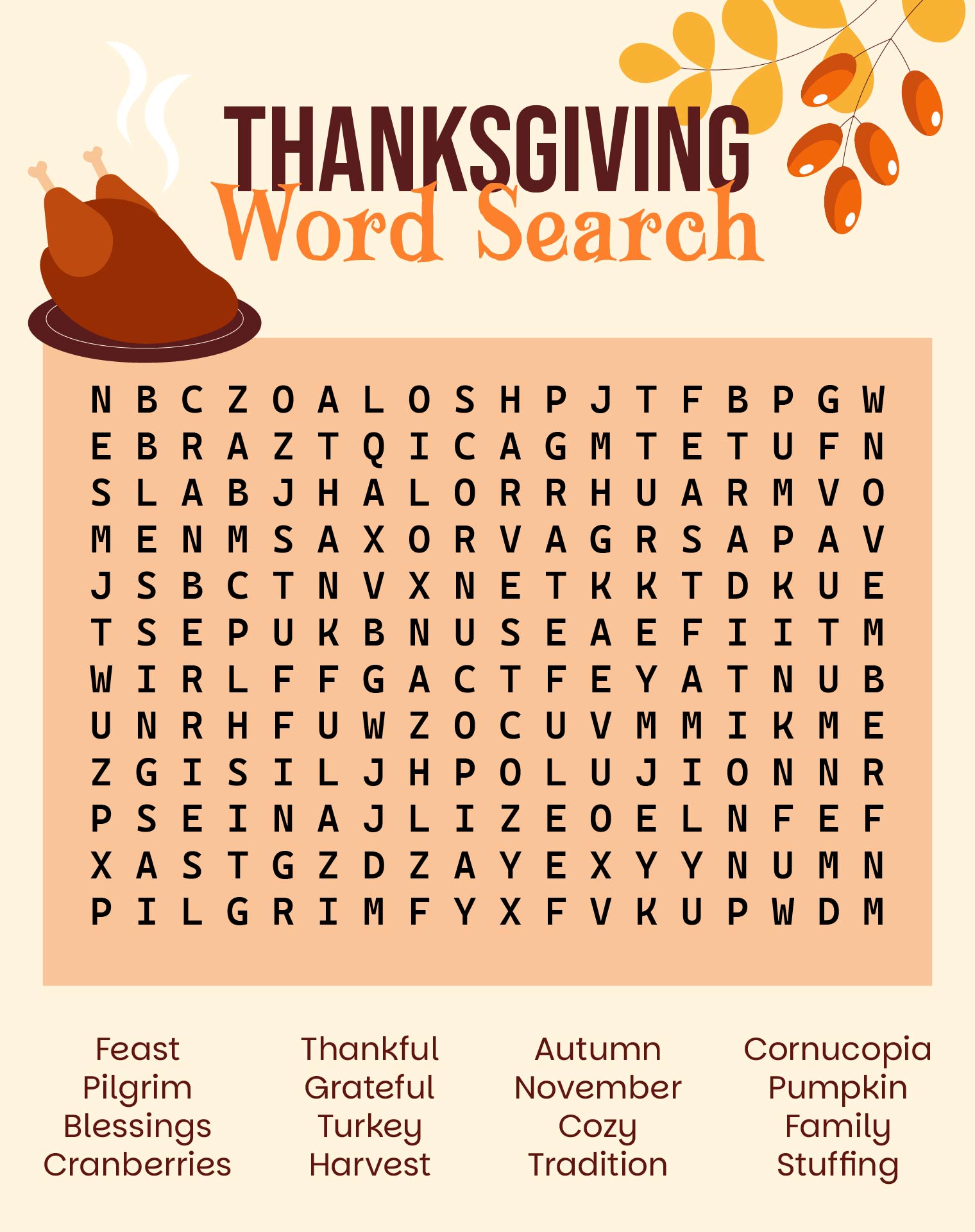 Thanksgiving Word Search Printable