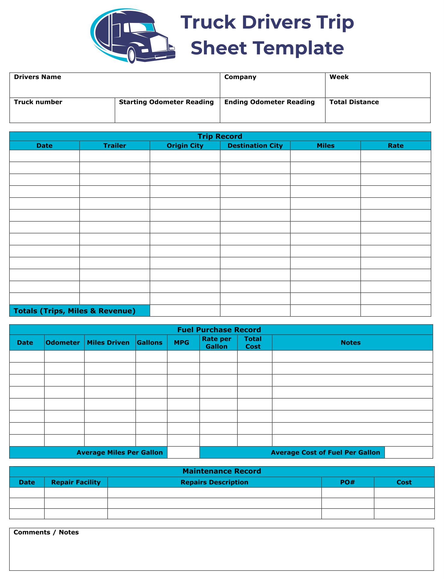 Truck Drivers Trip Sheet Template