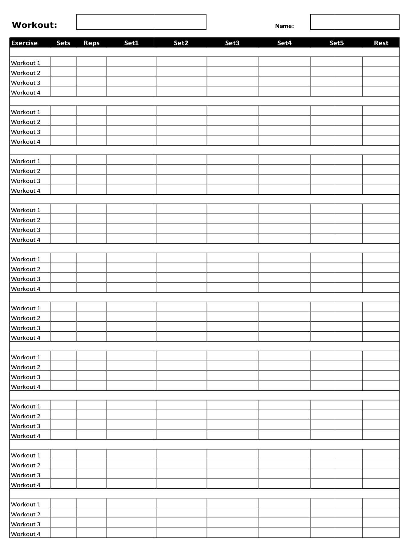 exercise and weight chart printable