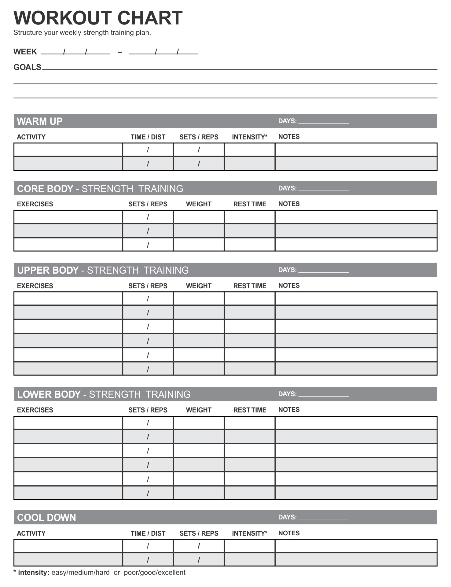 Weight Lifting Workouts Charts Printable