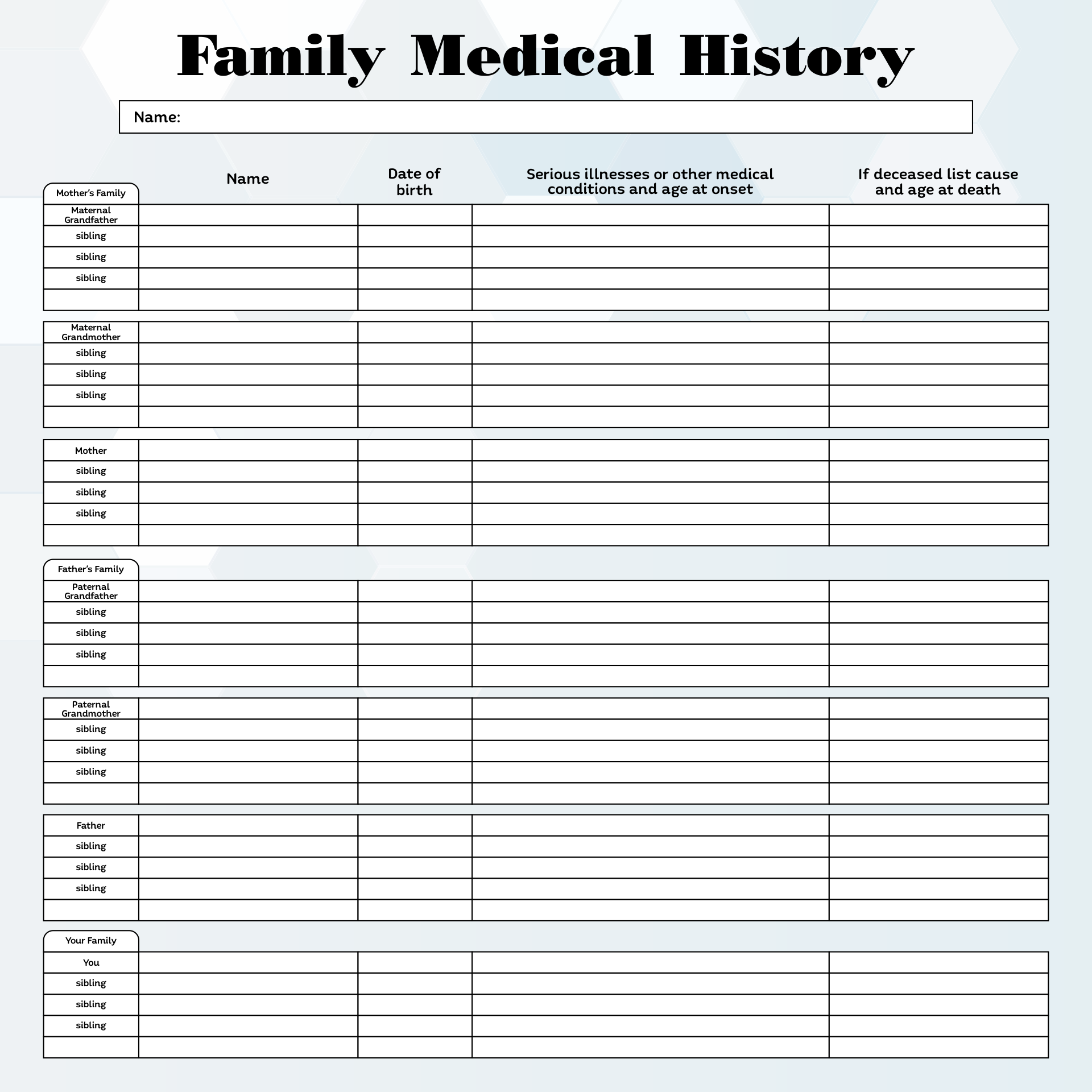 Printable Family Medical History Forms