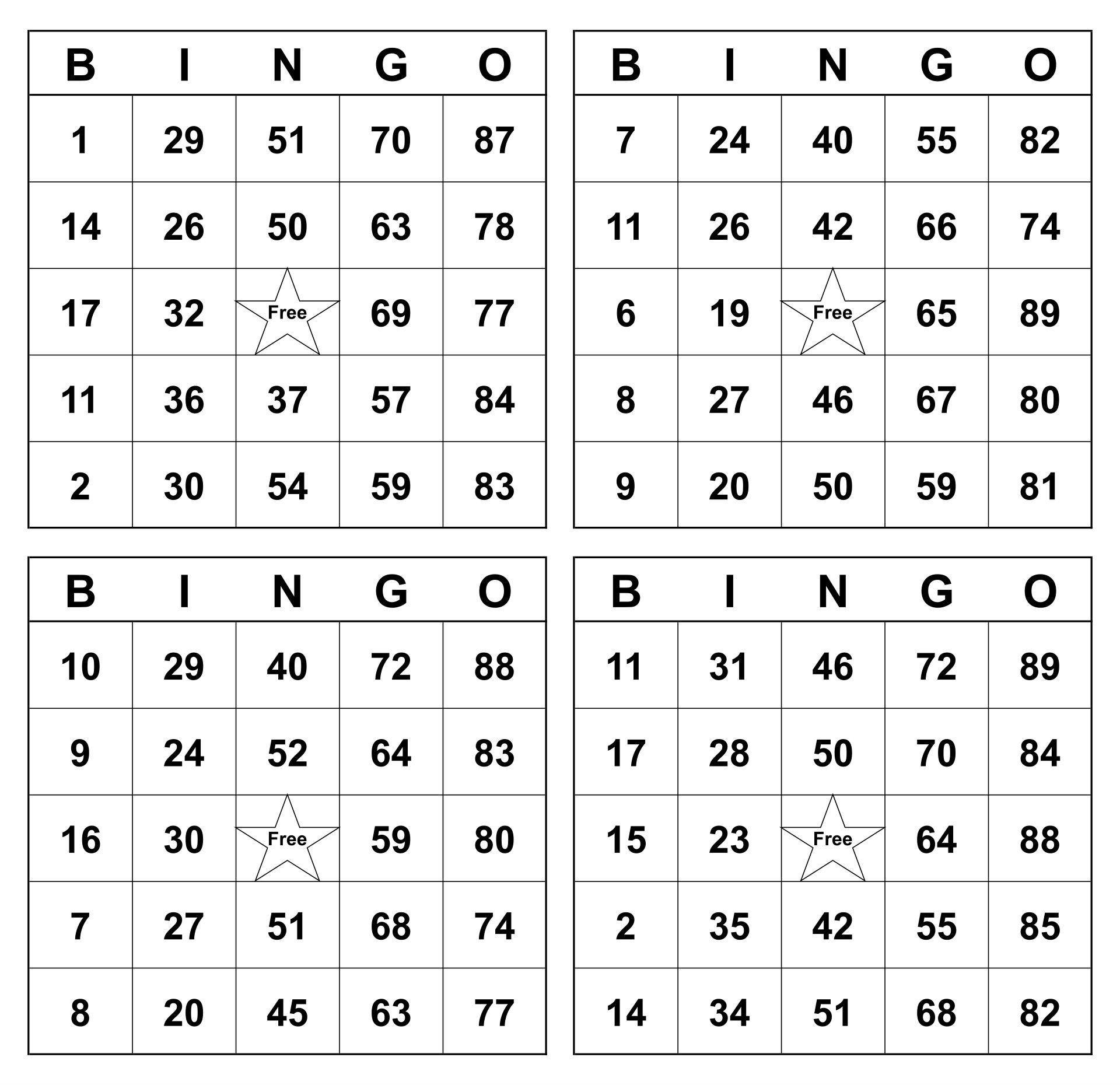 Printable Number Bingo Cards
