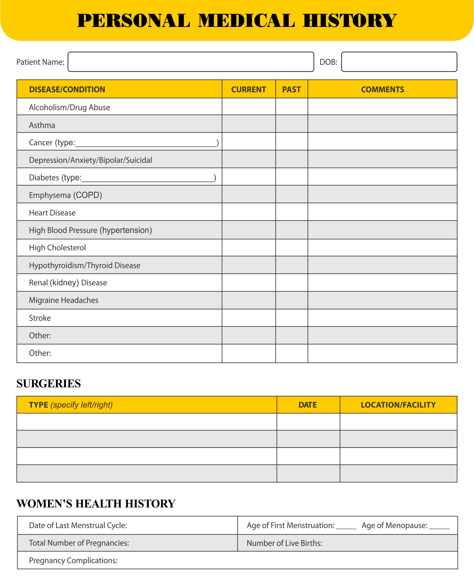 Personal Medical History Form Printable