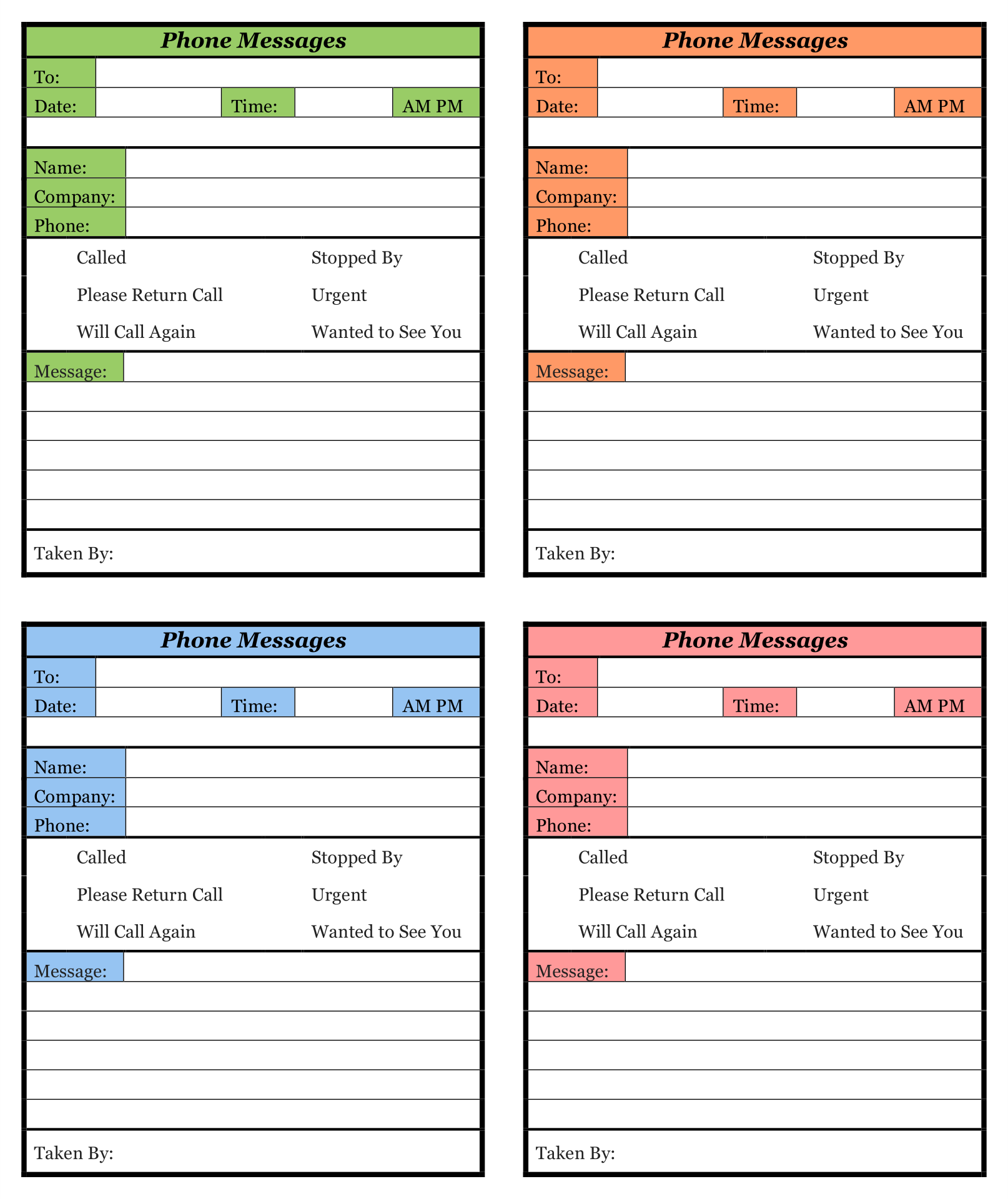 Printable Phone Message Template Word