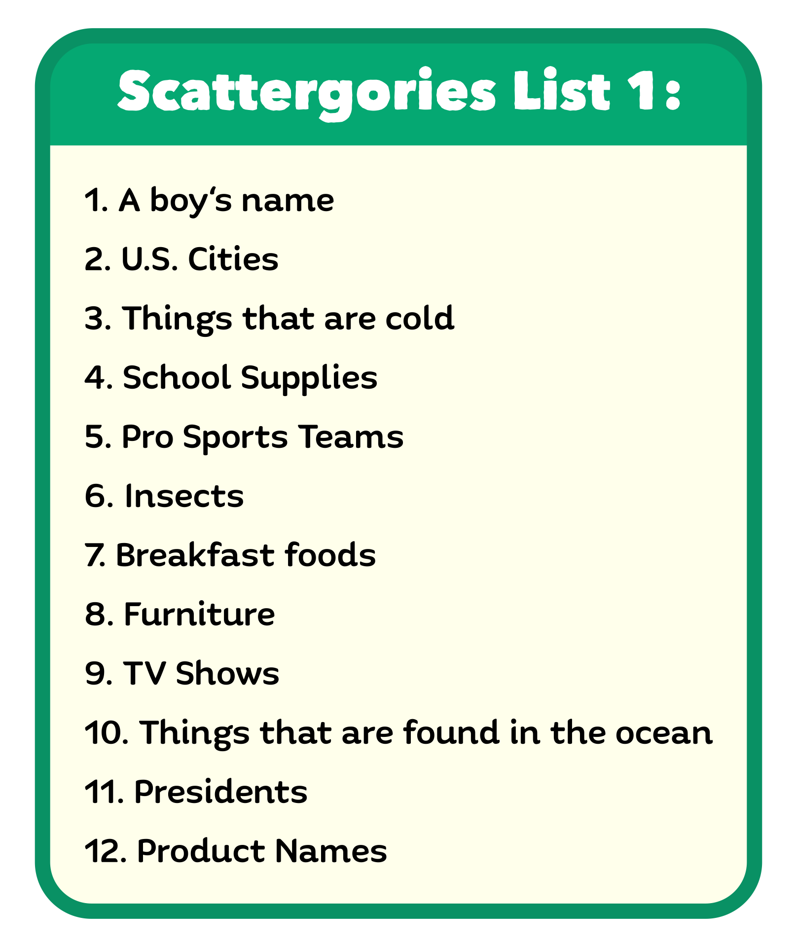 Printable Scattergories Lists 1