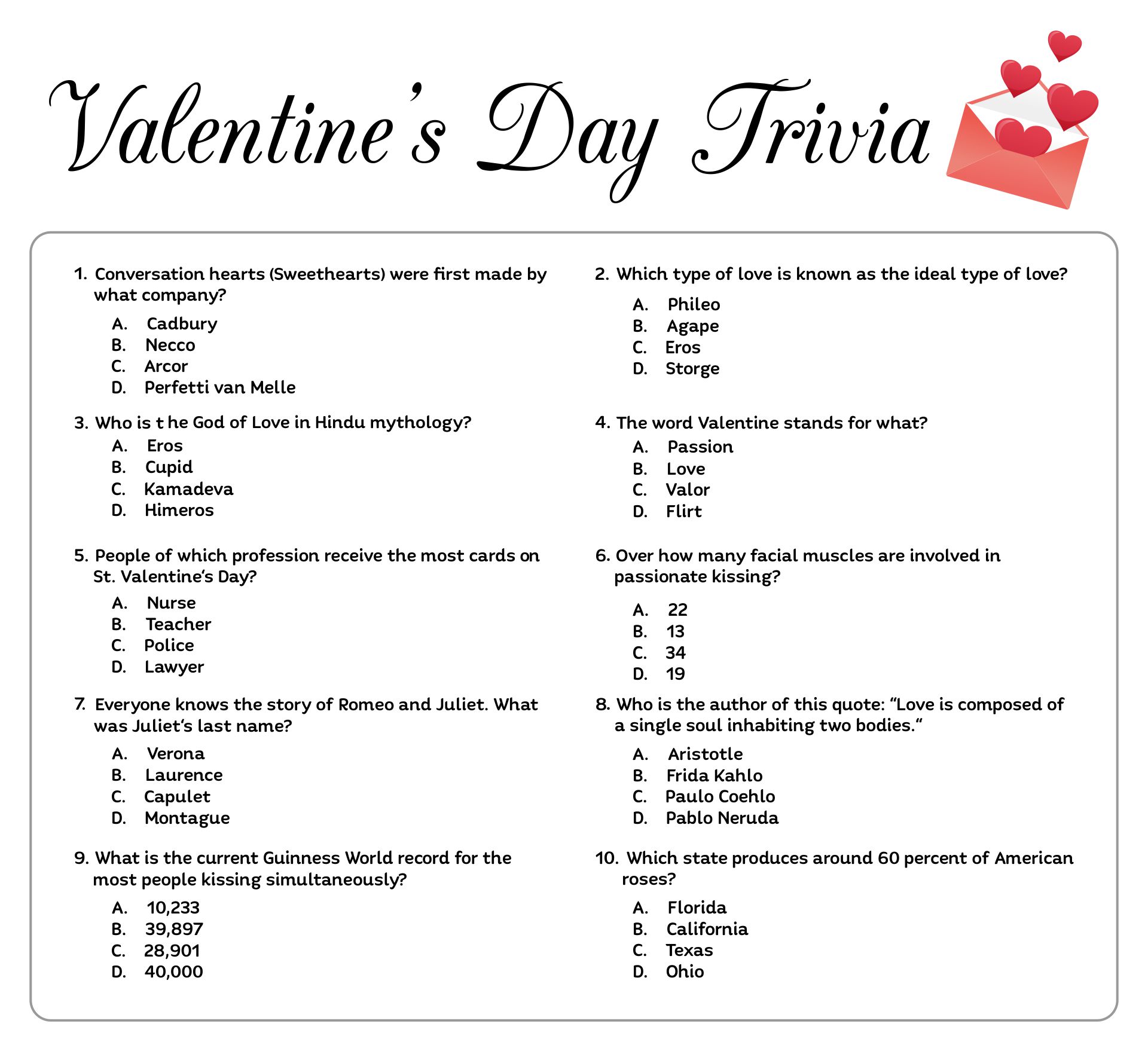Valentines Day Trivia Quiz Printable