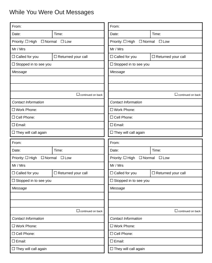 Printable Telephone Message Template PDF