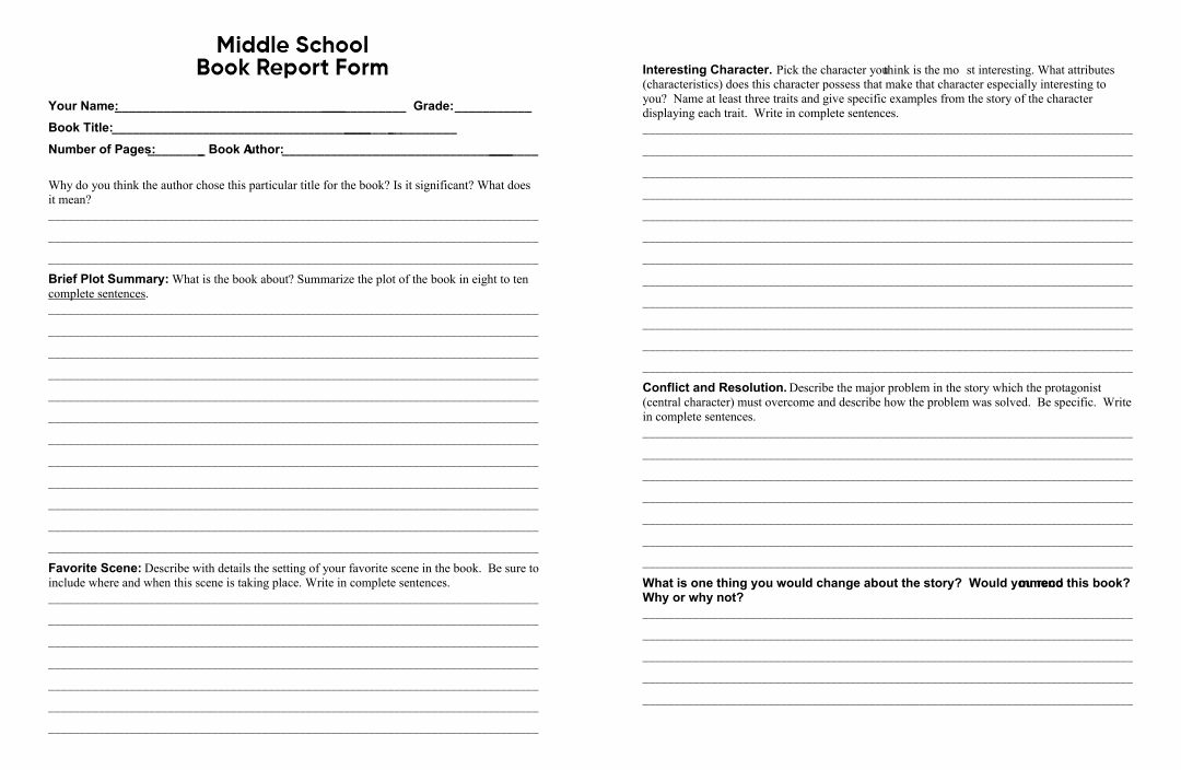 free printable book report template middle school