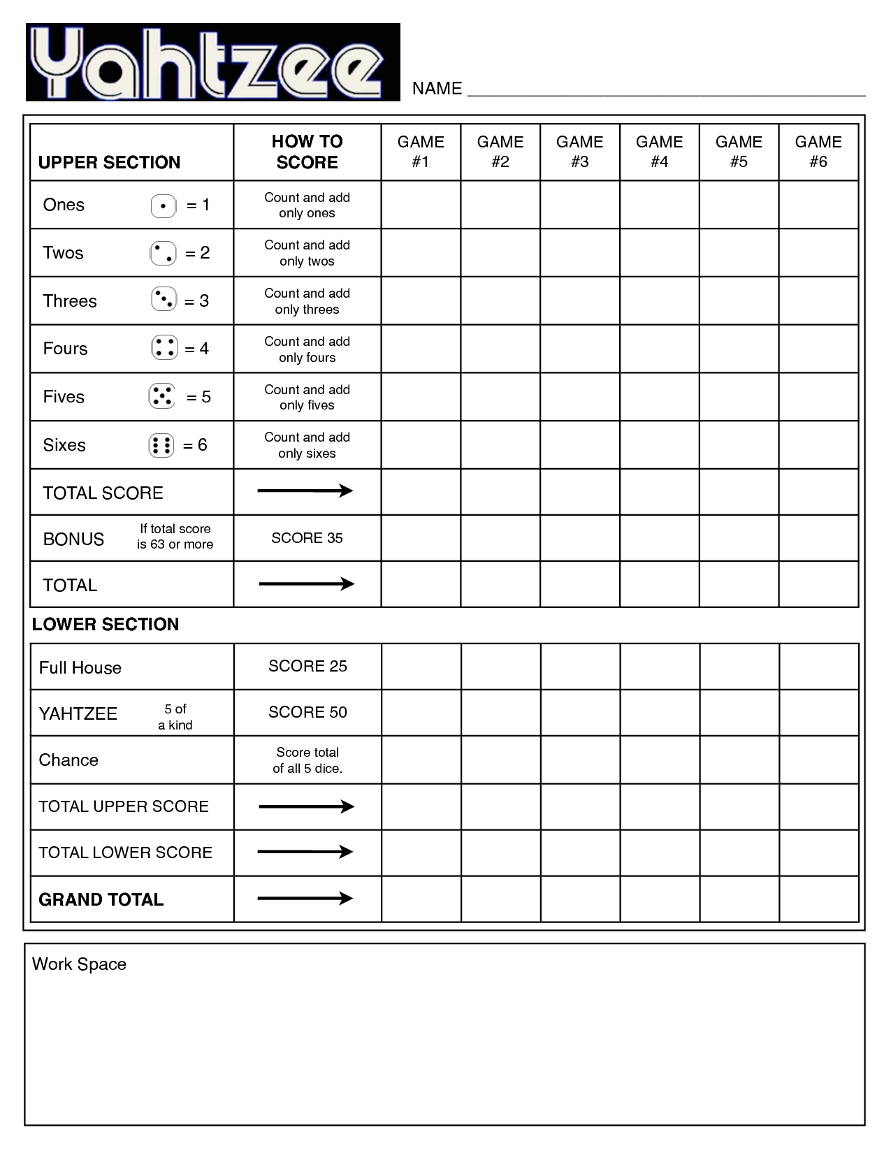 Printable Sheet Yahtzee Score Card