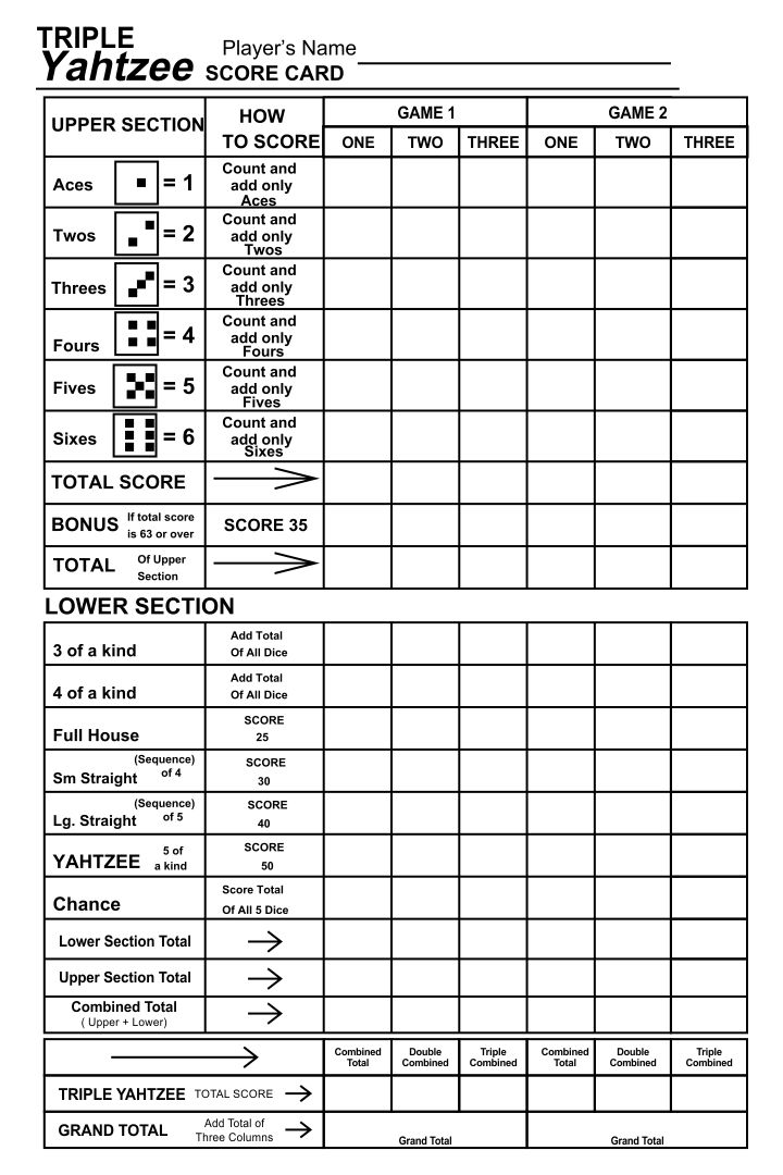  Printable Triple Yahtzee Score Sheets