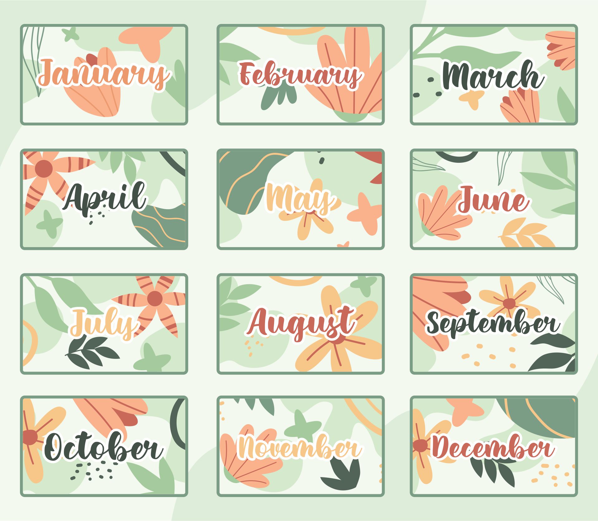 Calendar Months of the Year Cards