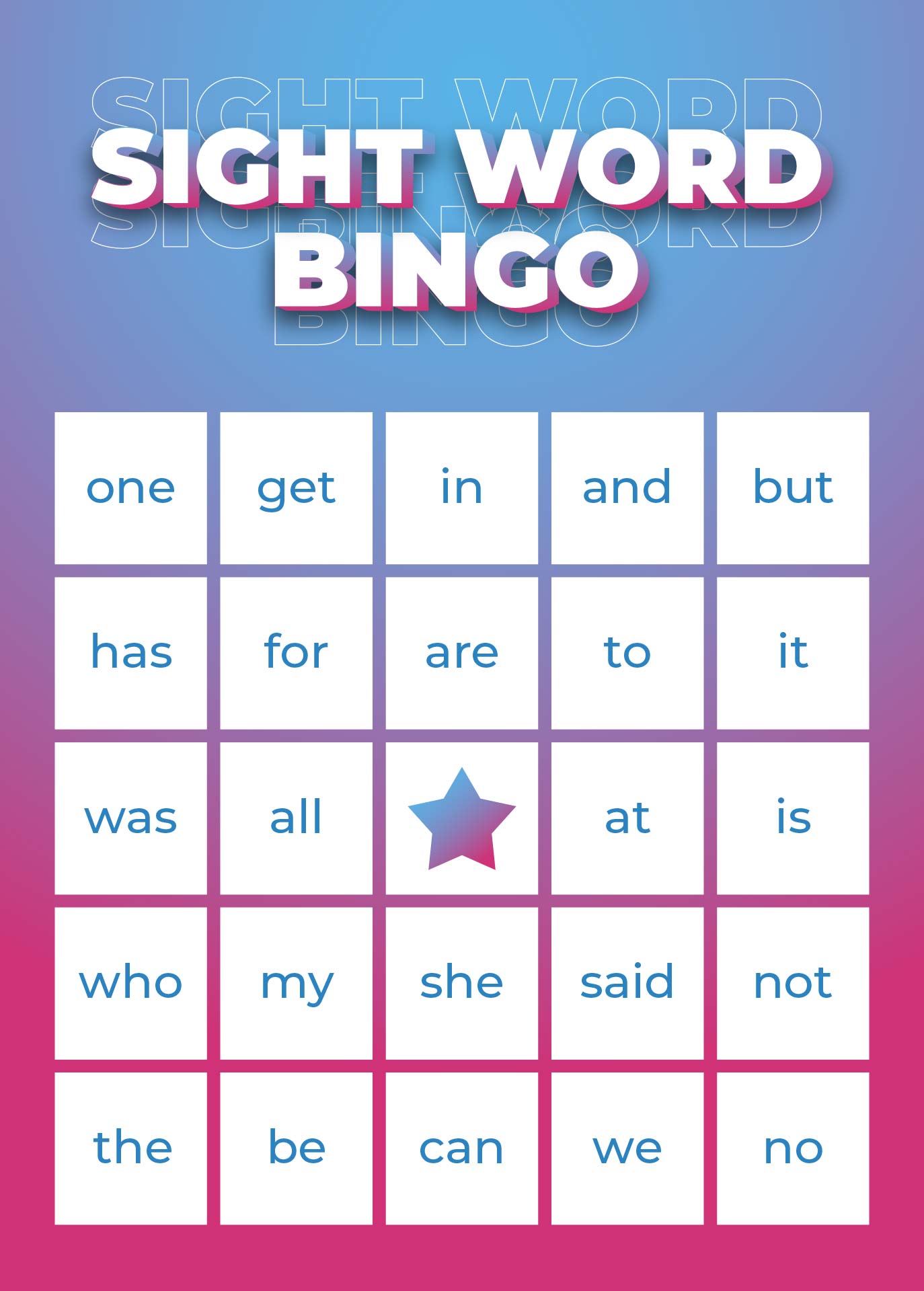 Kindergarten Sight Word Bingo Printables