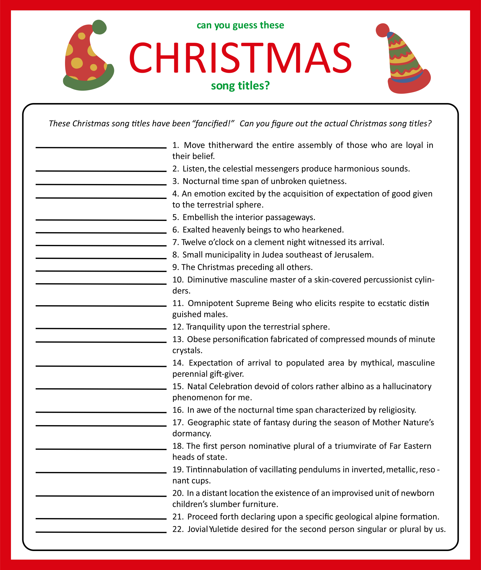 Printable Christmas Song Trivia Game