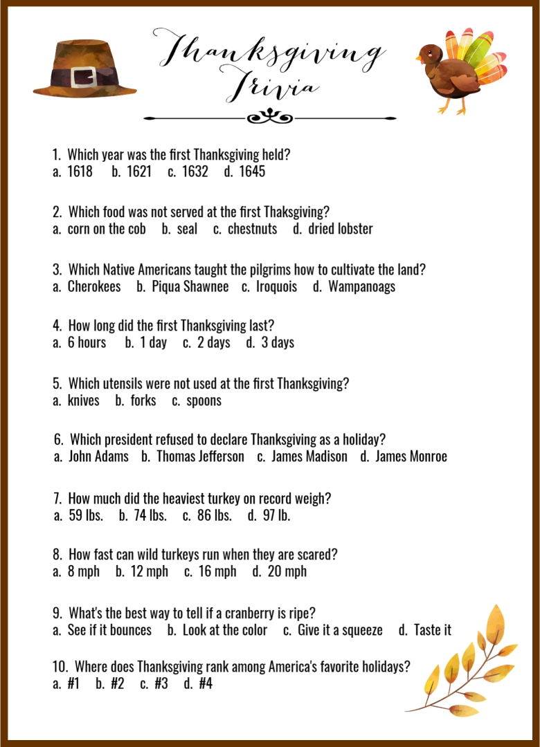 10 Best Free Printable Thanksgiving Trivia